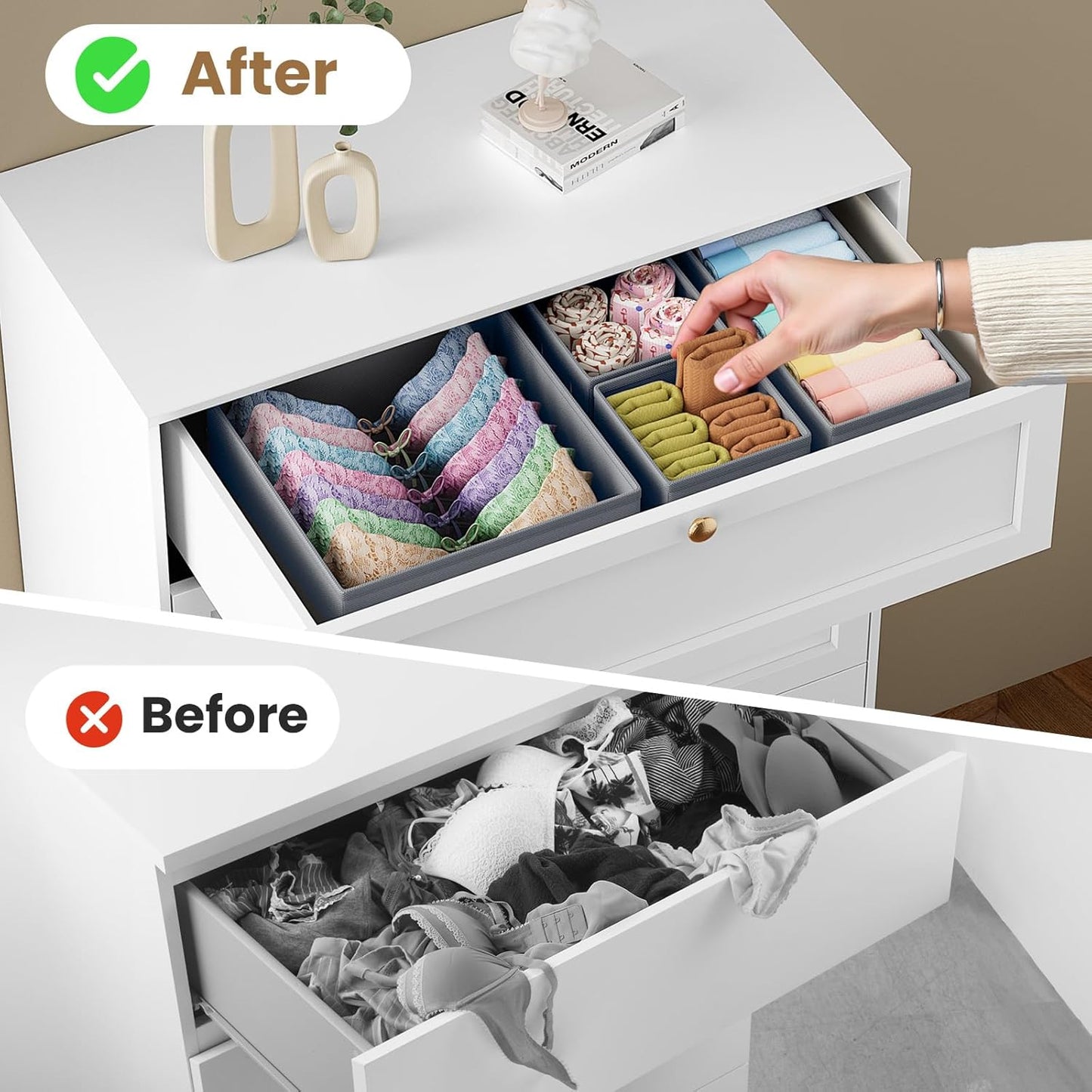Drawer Organizer Clothes, 24 Pack Drawer Organizers and Underwear Organizer for Nursery, Dividers Clothes Organizer, Closet Organization and Foldable Storage Bins for Socks, Bra, Tie, Grey