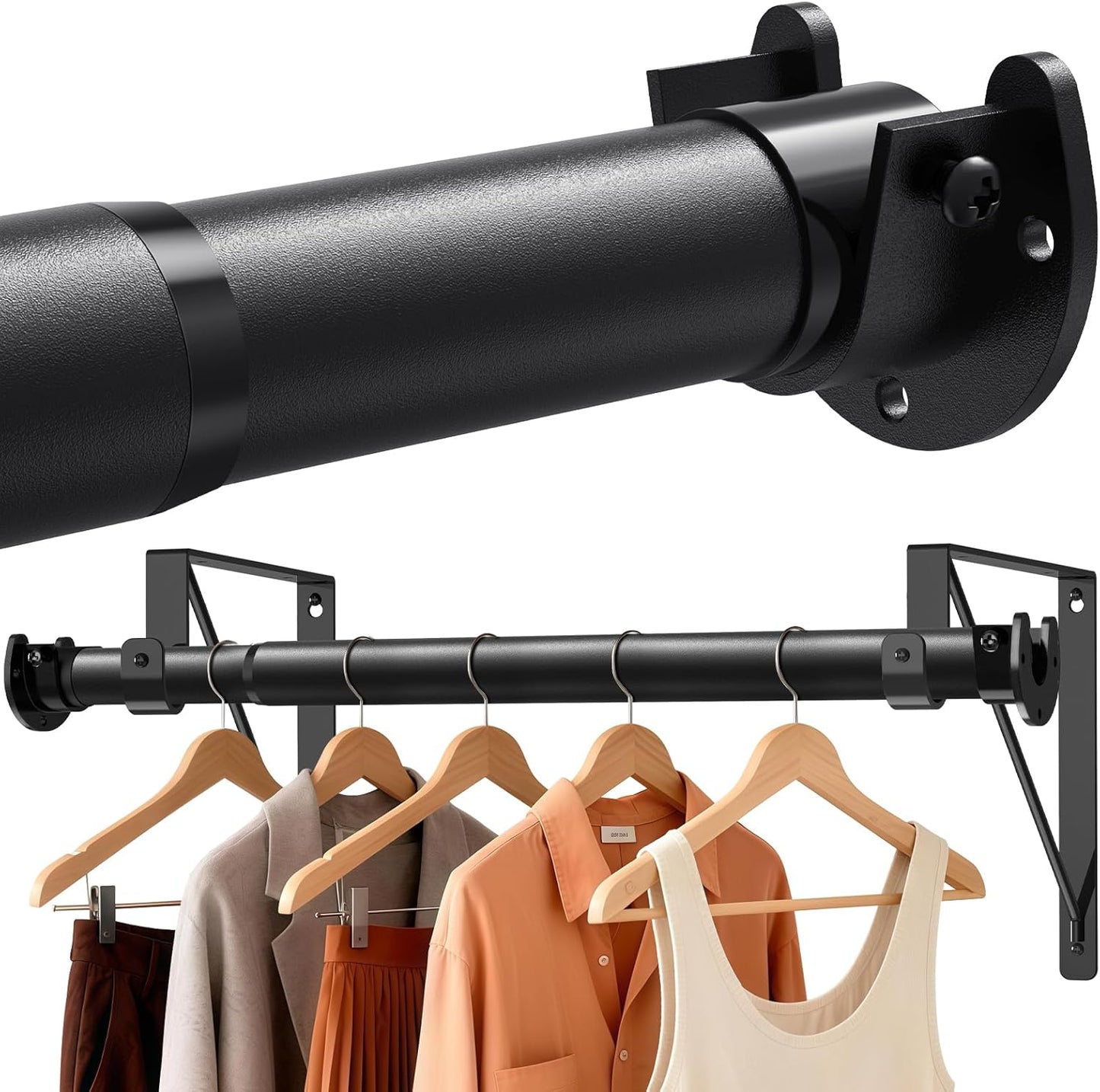 Closet Rods for Hanging Clothes with Triangular Brackets, 17 to 39 Inches Stepless Adjustable Closet Rod, 1.3 Inch Heavy Duty Closet Rod for Closet Wardrobe Laundry RV (Without Board/Black)