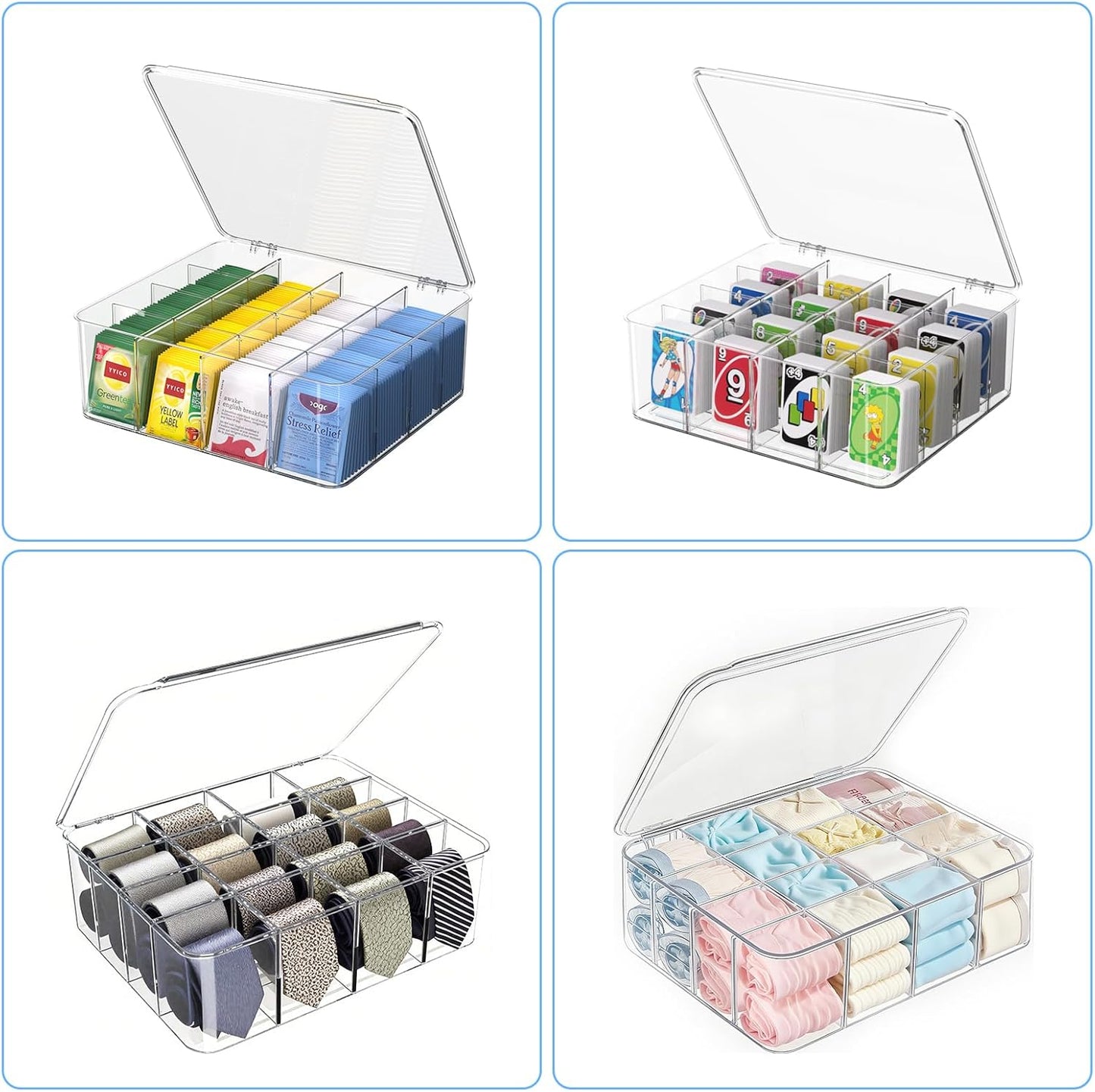 Tea Bags Organizer with Lids - Acrylic Tea Packet Organizer for Countertop Pantry, Stackable Clear Storage Box - Large