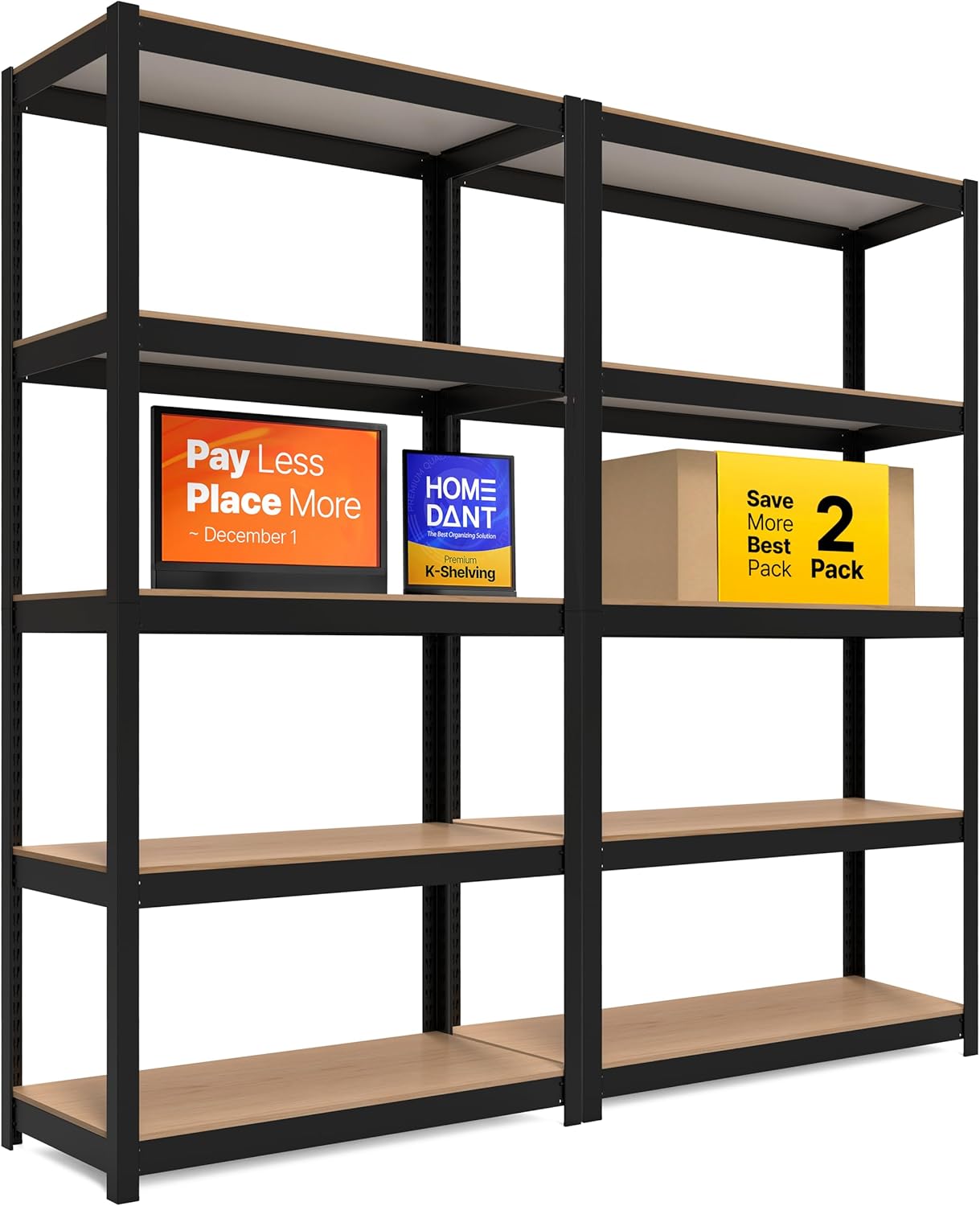 HOMEDANT House Black 5-Tier Laminated Metal Shelving Unit Adjustable Storage Utility Rack Heavy Duty Shelves Organization Shelf Kitchen Garage Pantry Closet 2Pack