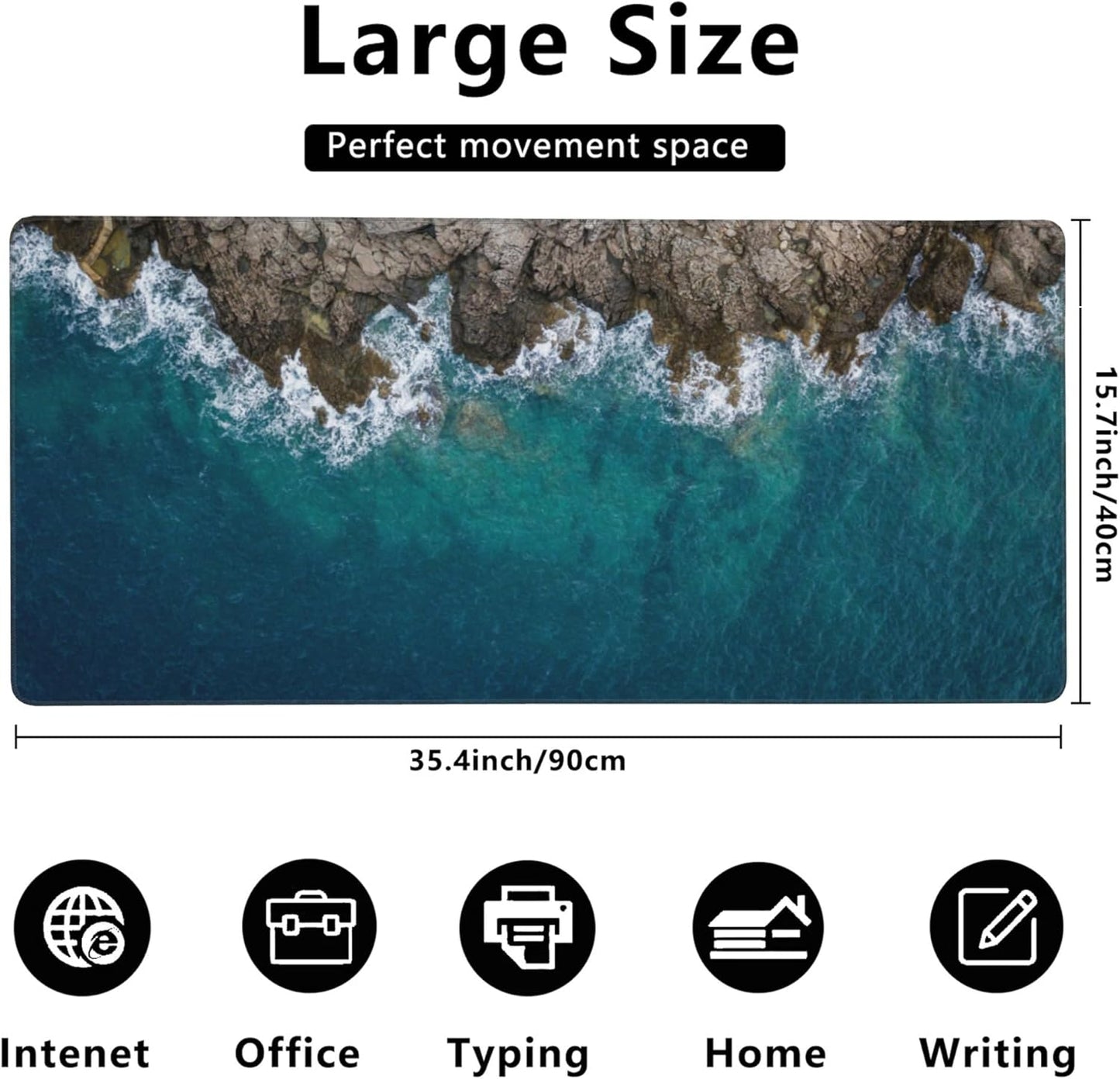 Desk Mat,Sea Waves and Fantastic Coast Gaming Mouse Pad,XXL Extended Mouse Pad Mat for Office,Computer,Keyboard with Non-Slip Base Stitched Eges Mousepad 35.4x15.75 inch