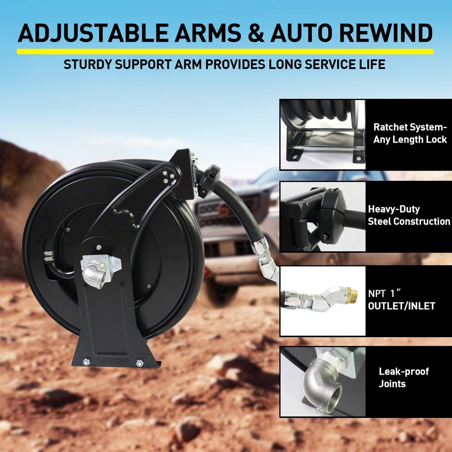 Fuel Hose Reel,1"X50' Retractable Ratchet Spring Driven Diesel Hose Reel,360 Rotating Fuel Hose Swivel,AUTO Fuel Nozzle,SS304 Elbow Pipe,Barb Fitting,300 PSI,Swivel Steel Construction Reel