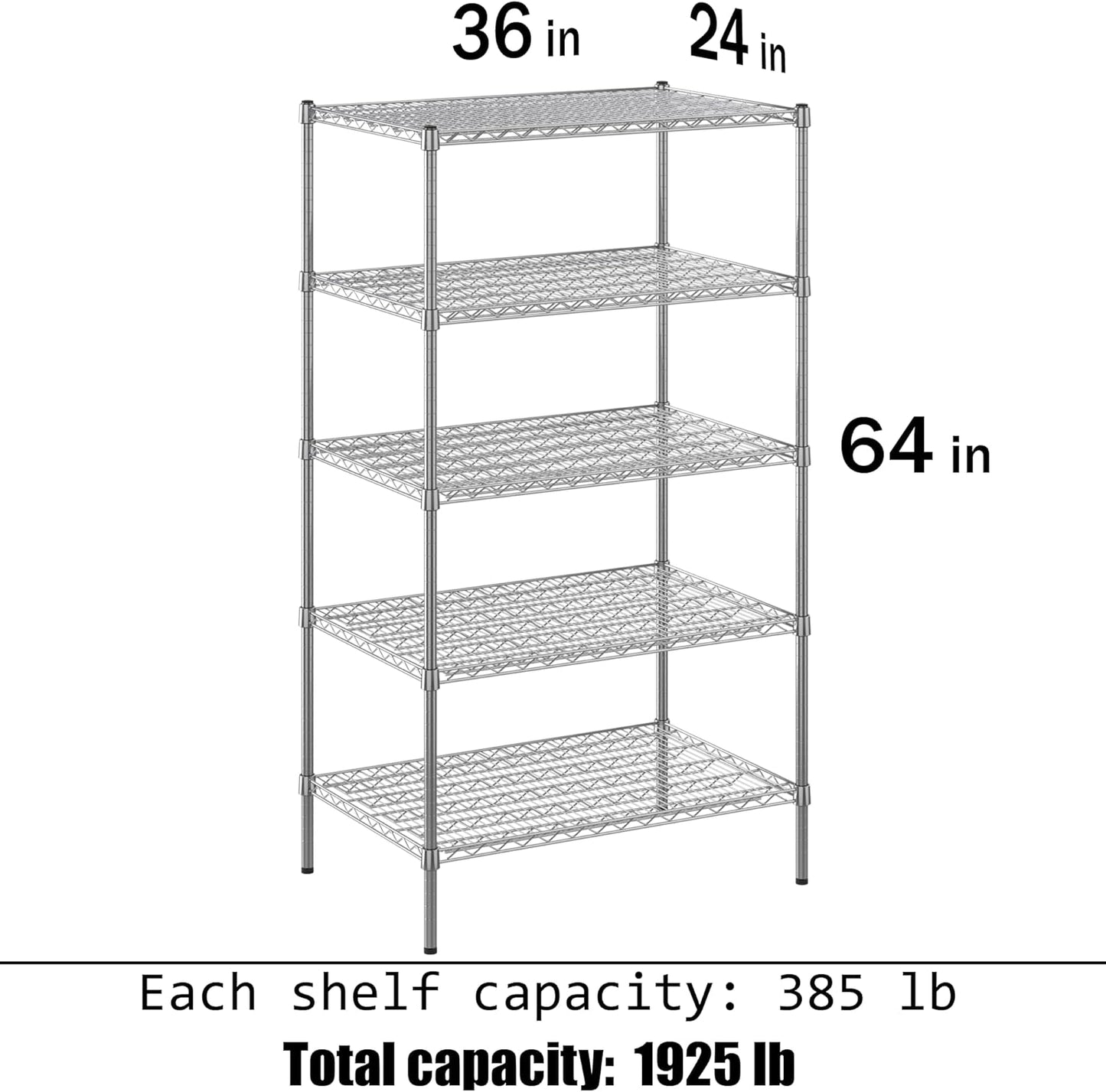 24" Deep x 36" Wide x 64" Height Wire Shelving Kit | 5-Tier | NSF Commercial Storage Rack Unit