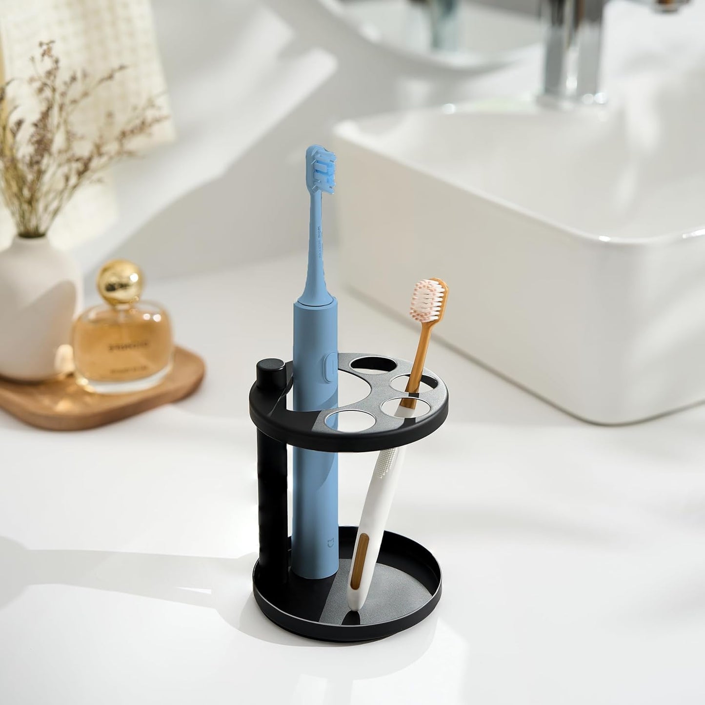 Toothbrush Holders – Stainless Steel Bathroom Toothbrush Holder Stand,Ventilated Organizer with Slots for Electric Toothbrushes,Toothpaste,Razors,and Combs (Black)