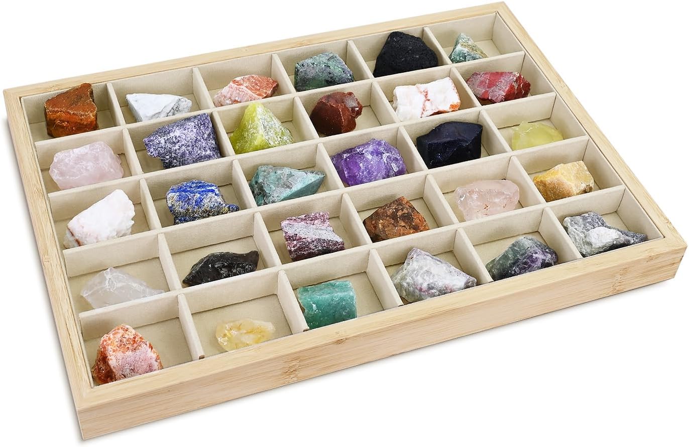 MOOCA 2 Pcs Set Bamboo Jewelry Display Tray Organizer with 30 Compartments for Rings, Earrings, Jewelry, Accessories, and Collectibles items, Oak Color,14" W x 9.6" D x 1.2" H
