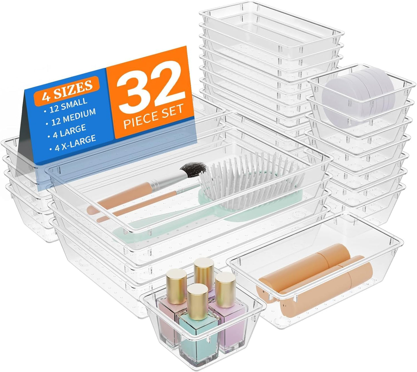 32 PCS Clear Plastic Drawer Organizer Set, 4-Size vanity organizer Trays and Storage Bins for Makeup, Jewelry and Gadgets in Bedroom, Bathroom and Office, Clear