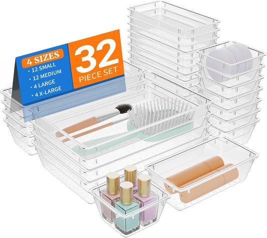 32 PCS Clear Plastic Drawer Organizer Set, 4-Size vanity organizer Trays and Storage Bins for Makeup, Jewelry and Gadgets in Bedroom, Bathroom and Office, Clear