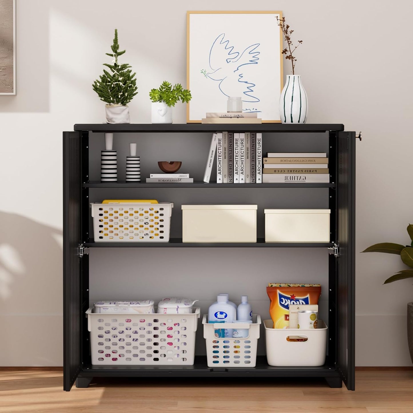 ADDOK Indoor Outdoor Plastic Storage Cabinet 34"x15"x34" with 1 Shelf, Outdoor Storage Shed for Living Room, Hallway, Balcony, Garage, Garden,Black