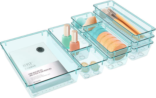 10 PCS Drawer Organizer Set, 4 Varied Size Bathroom and kitchen Drawer cabinet organizer Trays, Clear Storage Bins for Makeup, Jewelry, Utensils and Gadgets