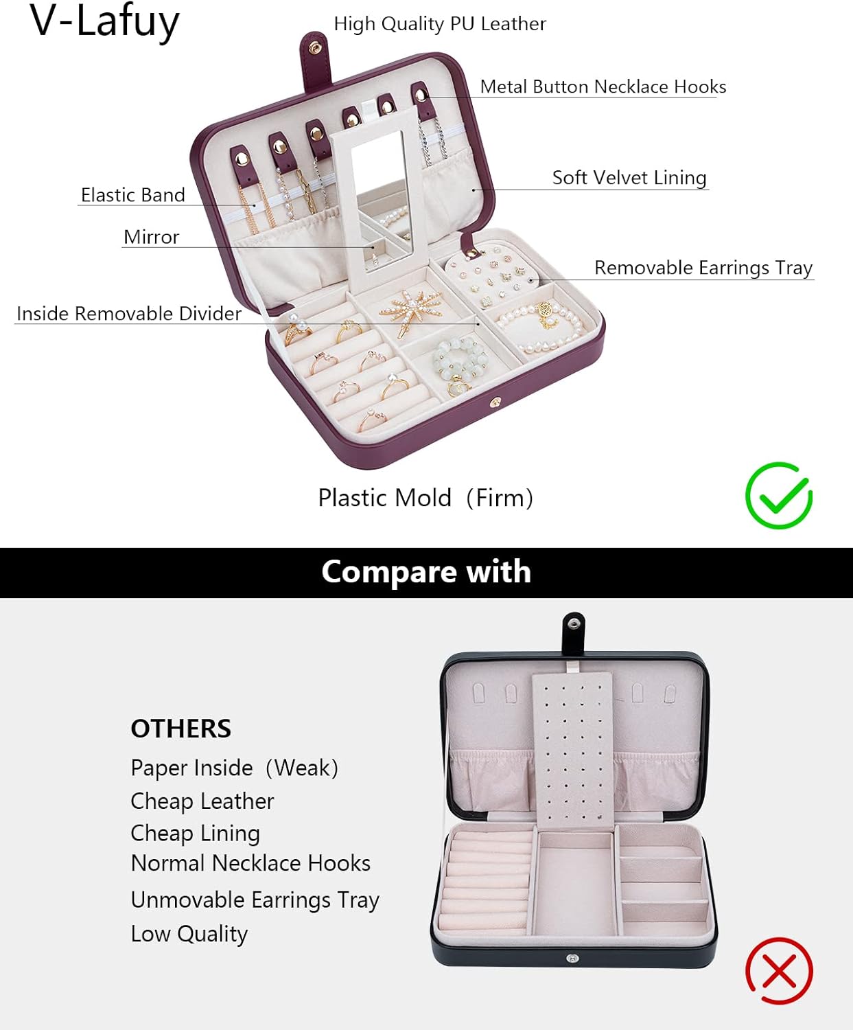 Jewelry Travel Organizer, Travel Jewelry Box Portable, Small Travel Jewelry Case with Mirror, PU Leather Small Jewelry Box for Women, Burgundy Red B