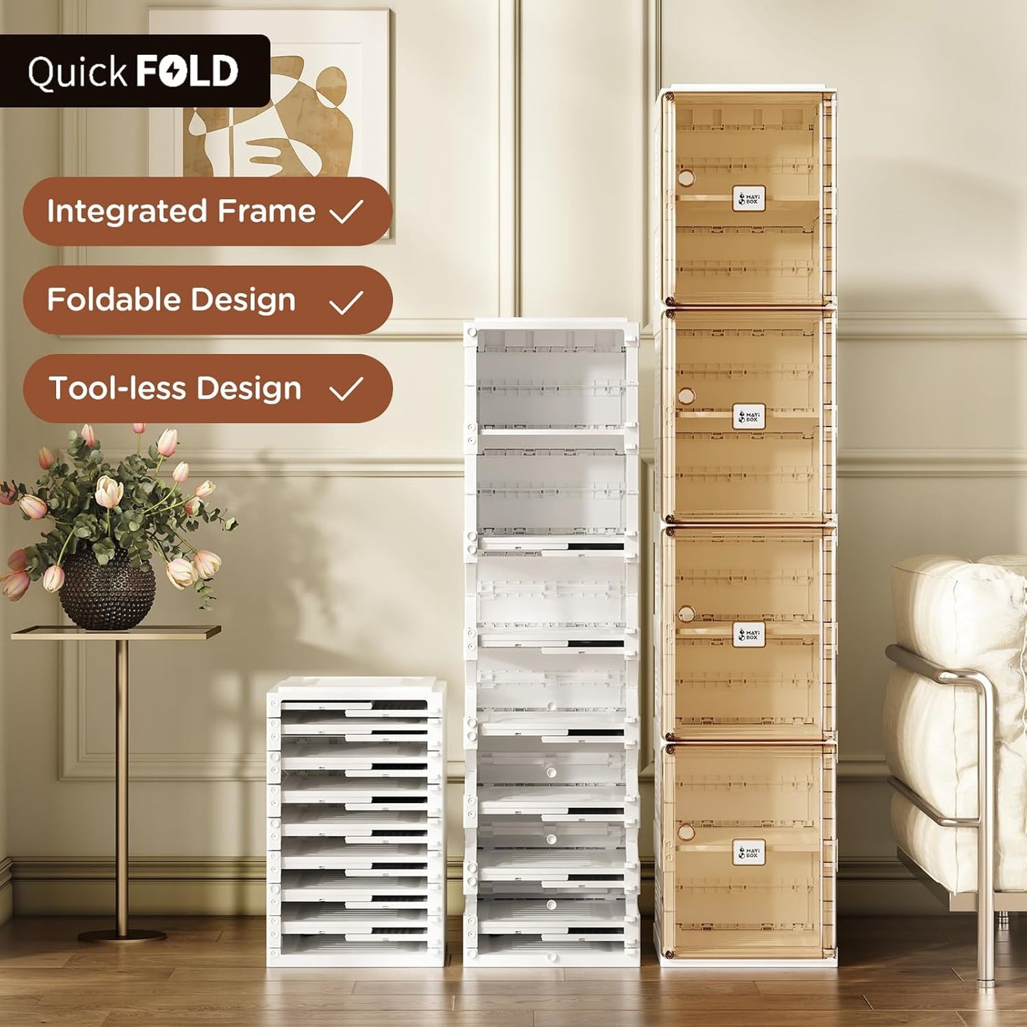 ANTBOX Shoe Organizer Storage Box, Portable Folding Shoe Rack for Closet with Magnetic Clear Door,Large Sneaker Cabinet Bins Sturdy Easy Assembly 8 Layers-8 Grids