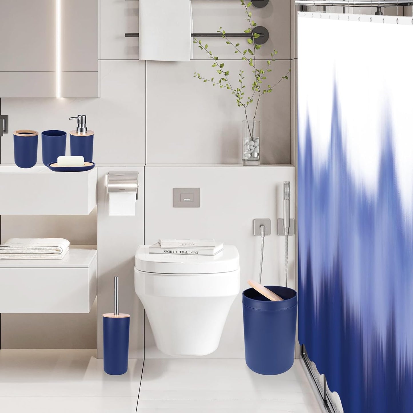 iMucci Bathroom Accessories Navy Blue Bathroom Sets with Shower Curtain and Rug, Navy Blue Ombre Waterproof Shower Curtain with Ultra Absorbent Rug Bathroom Accessories Set for Home Decor