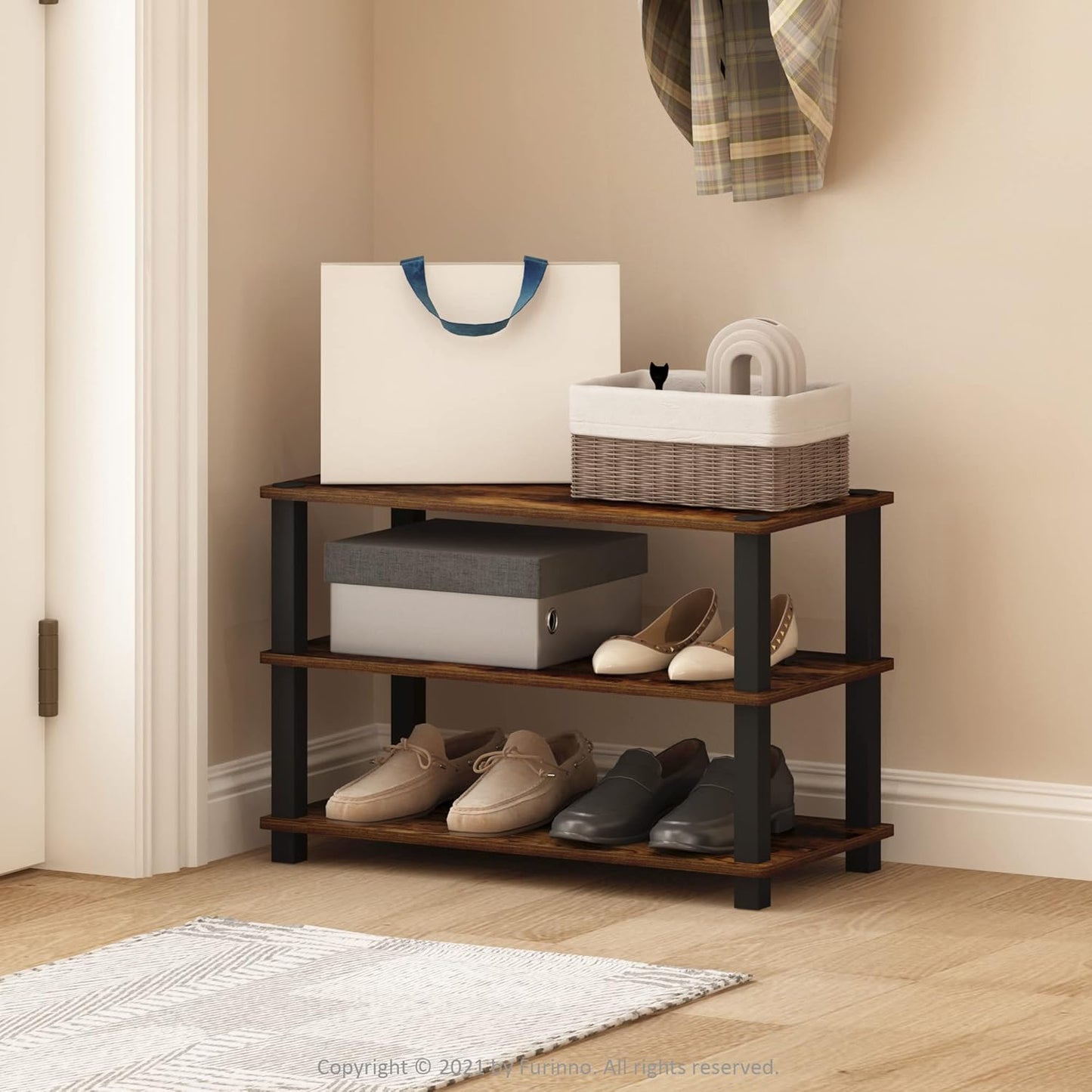 Furinno Turn-S-Tube 3-Tier Shoe Rack, Dark Cherry/Black (Pack of 3)