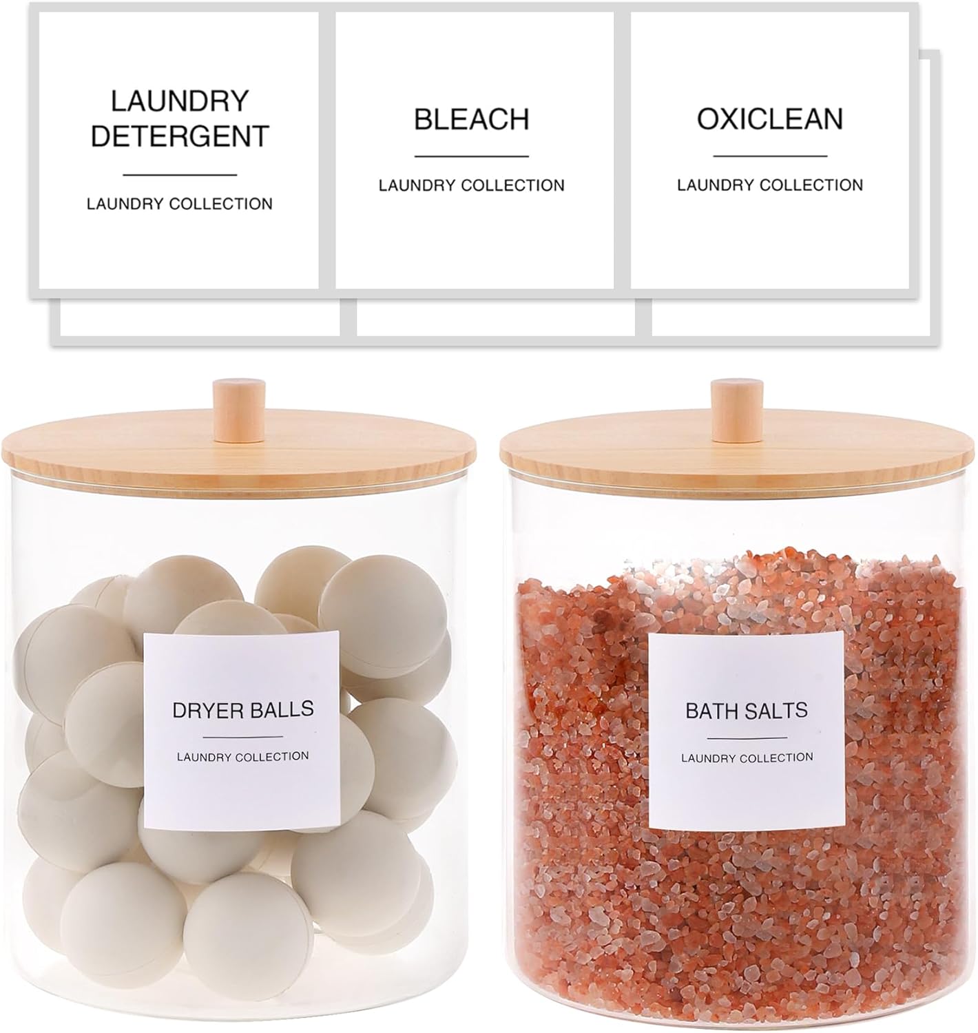 TIPGO Glass Jars for Laundry Room Organization, Laundry Pods Container with 27 Labels, Detergent Holder with Bamboo Lid, Cute Storage Jars (Set of 1)