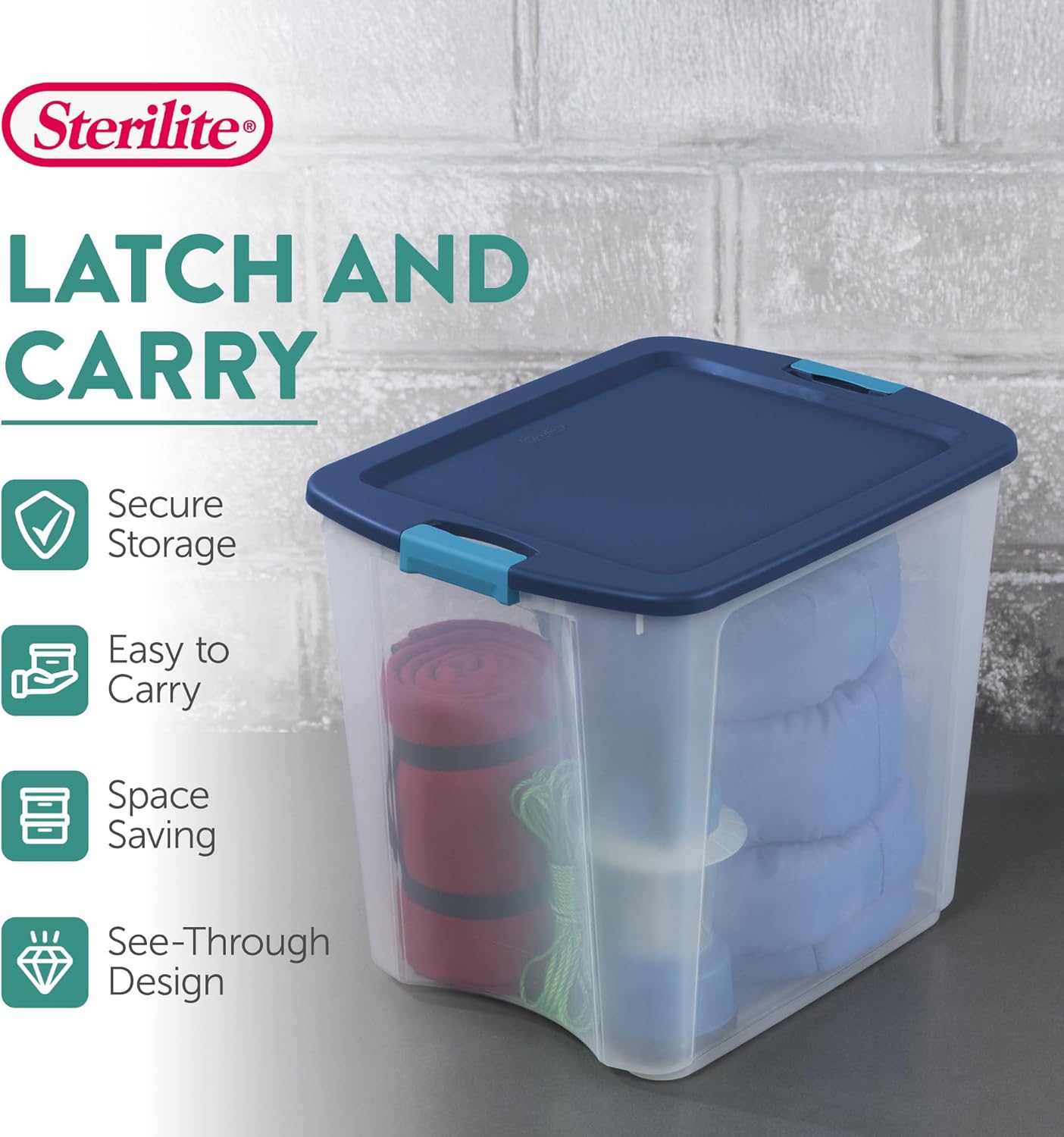 Sterilite 8-Pack Latch and Carry, Clear Plastic Storage Bins with Latching Lids and Full-Grip Handles, 27 Gallon