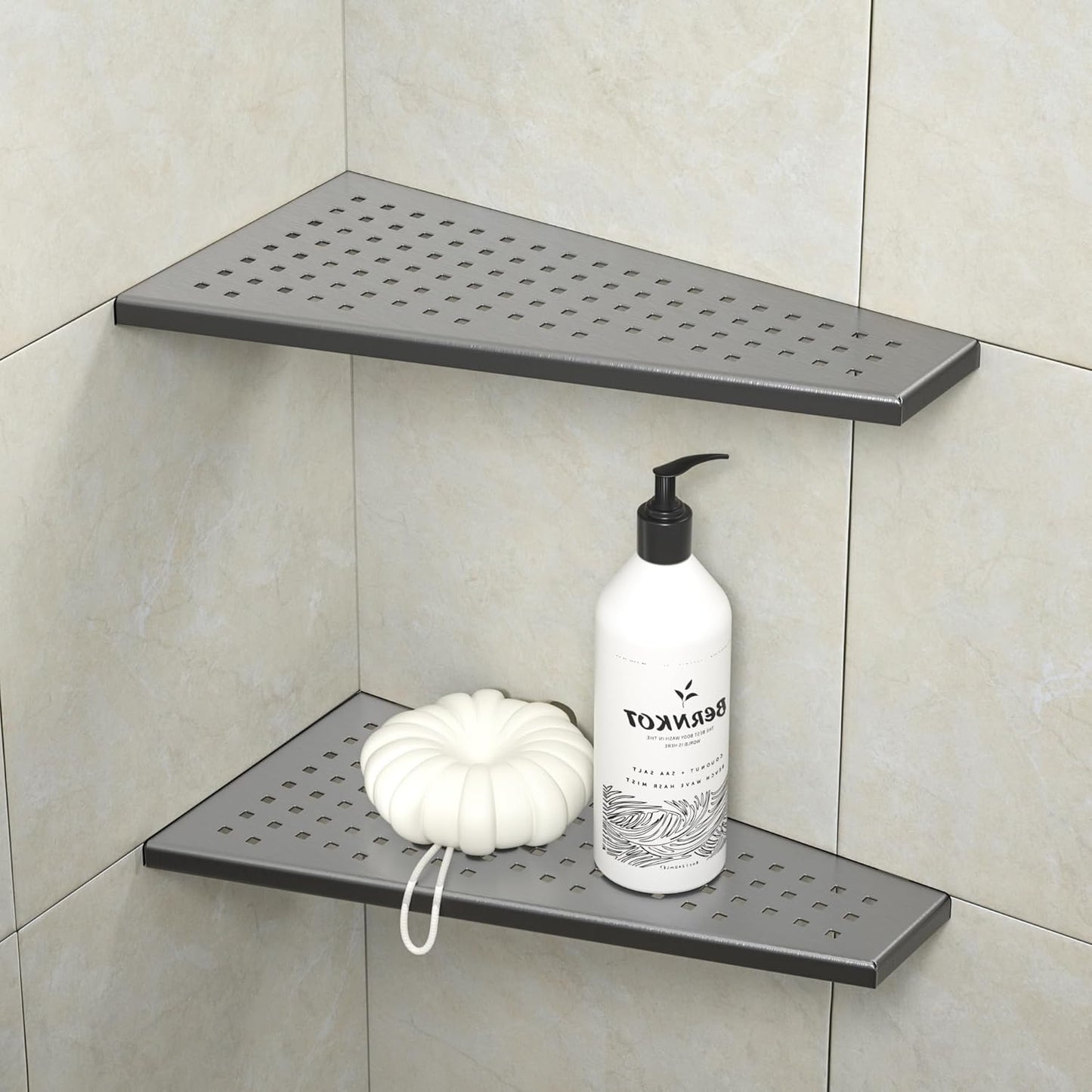 Corner Shower Shelf, 12" Trapezoid Grout in Shelf 304 Stainless Steel Grid Design Recessed Bathroom Shelf for Tiled Wall (Gunmetal, 12"-2 Pack)