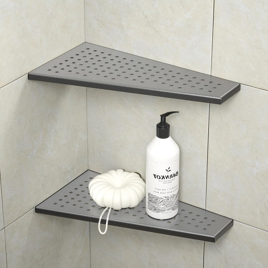 Corner Shower Shelf, 12" Trapezoid Grout in Shelf 304 Stainless Steel Grid Design Recessed Bathroom Shelf for Tiled Wall (Gunmetal, 12"-2 Pack)