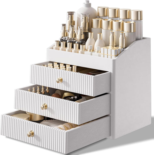 Vanity Organizers,Luxury Skincare Organizer with 3 Tier Drawers,Beige White Large Capacity Cosmetic Organizer Countertop for Makeup Brush,Dresser,Bedroom,Bathroom,Mom Gifts,Mom Birthday Gifts