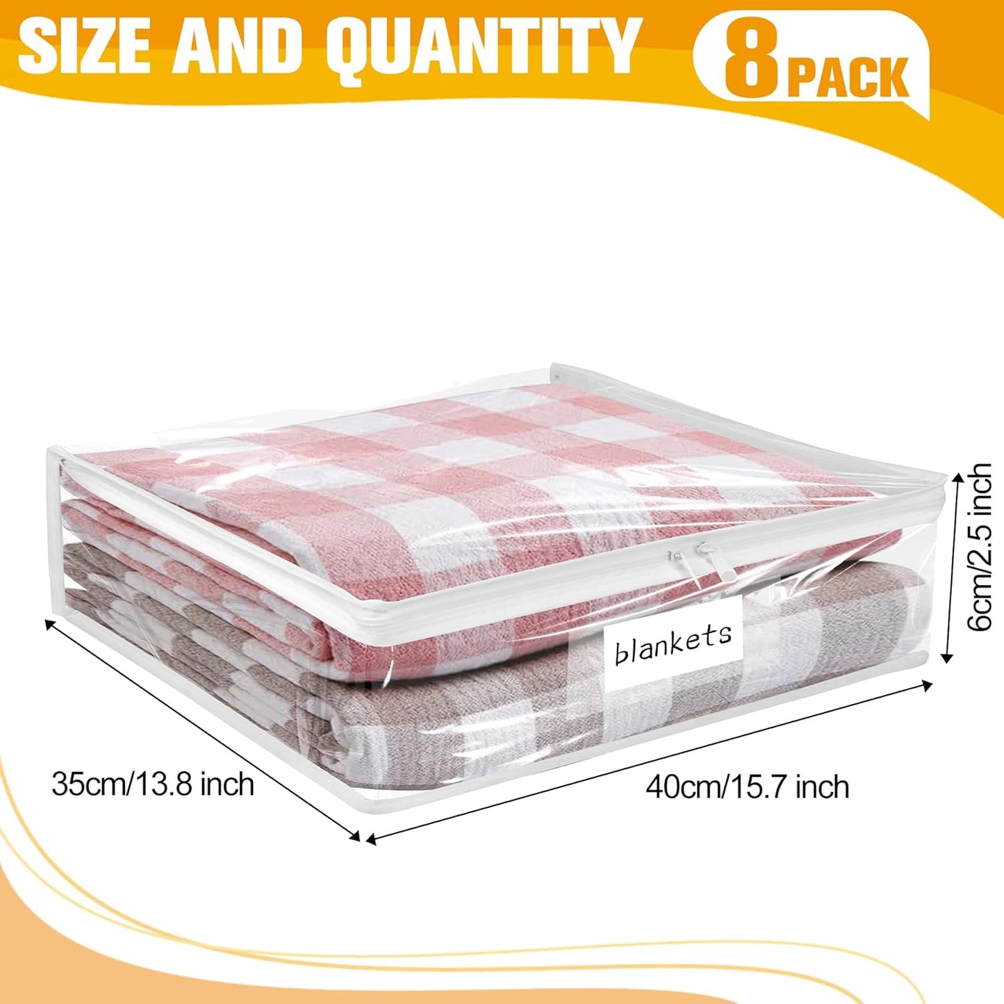 Plastic Storage Bags with Easy-Glide Zipper, Pack of 8, Durable Clear Vinyl Zippered Storage Bags for Clothes Sweaters Comforters Blankets Sheets Bedding (15.7 x 13.8 x 2.5 Inch)