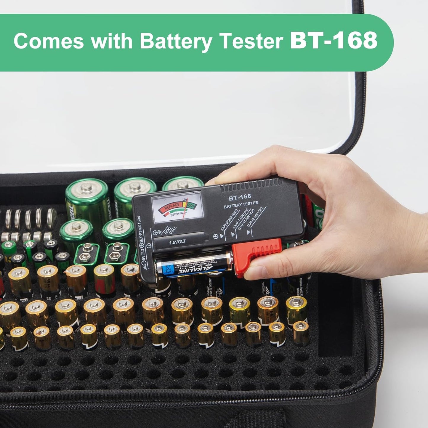 Battery Organizer Storage Case with Tester, Hardshell Portable Checker Carrying Case Holds Batteries AA AAA AAAA C D 9V, Battery Organizer Storage Box (Clear Hold 200+ Cell)
