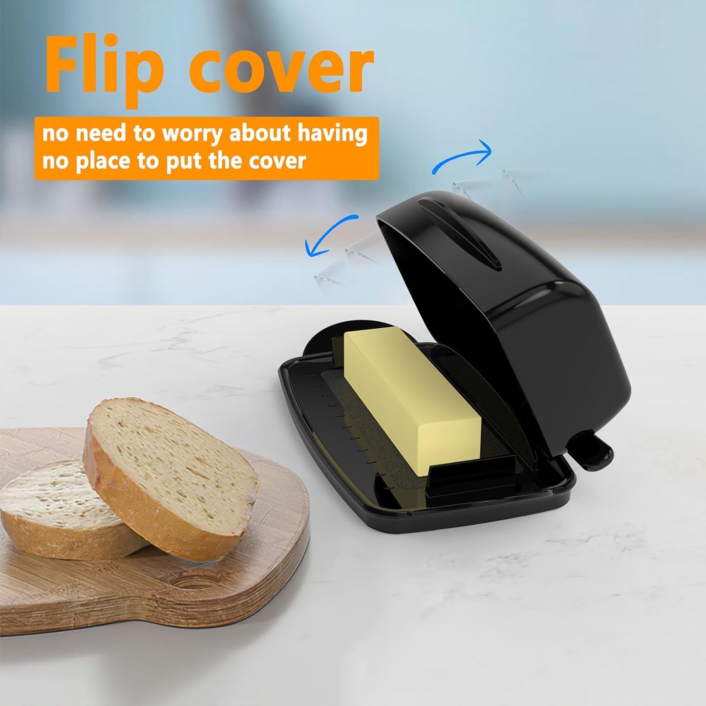 Butter Dishes with Lid for Countertop Refrigerator, Plastic Butter Dish Clear Flip Top Lid Butter Container with Spreader, Non-Slip Bottom Butter Holder Keeper (Black)