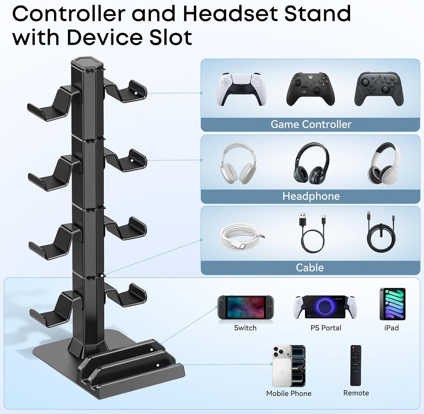 Headphone and Game Controller Desk Stand for PS5/ Xbox/ PS4 Controller, 4 Tiers Headset Hanger with Organizer for Switch 2/1/PS Portal Game Console, Multiple Controller Storage Dispay Rack- 8 Hooks