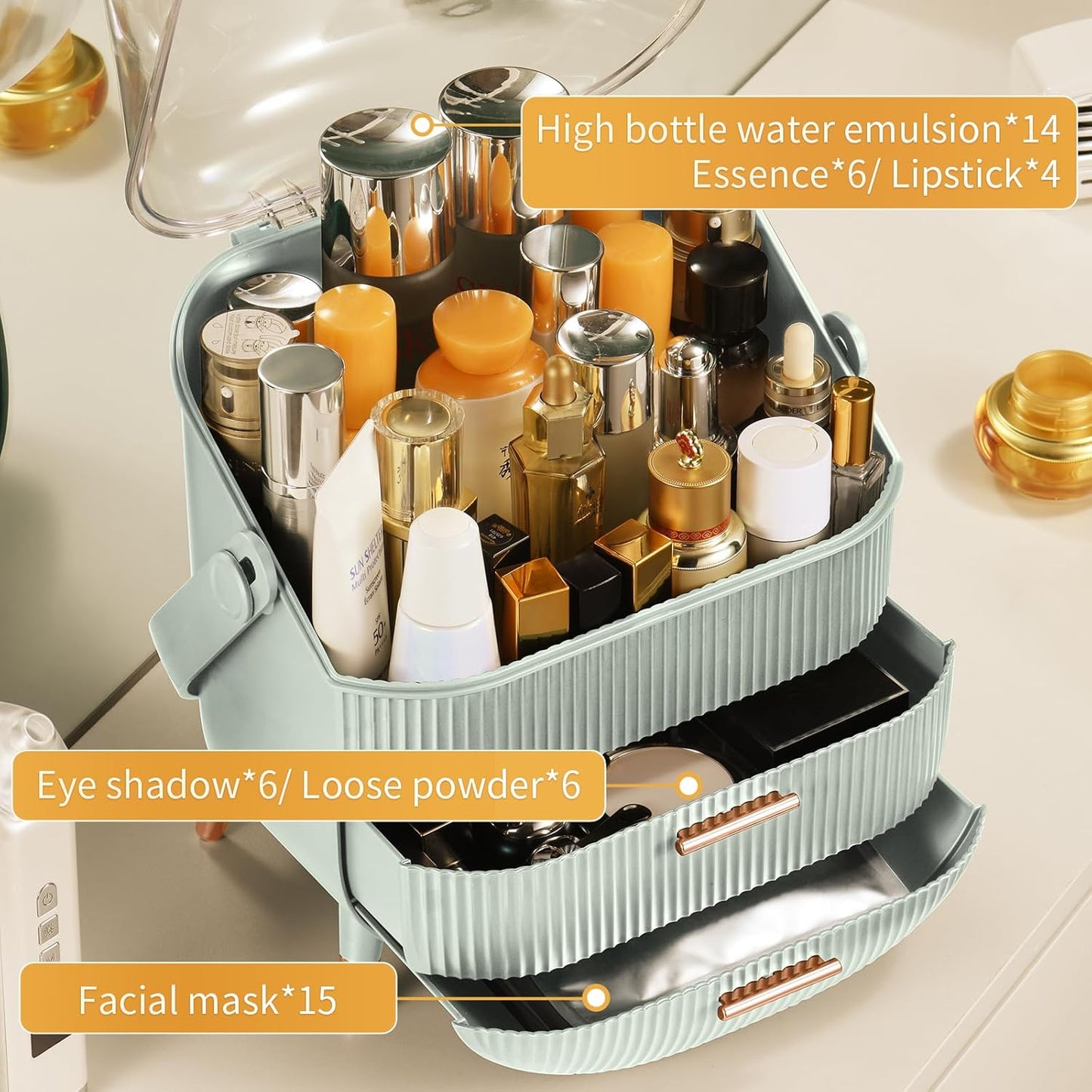 CANITORON Makeup Organizer,Skincare Organizer with 2 Drawers and Brush Storage Box,Lipstick Holder,Cosmetic Display Case for Vanity Organizer and Bathroom Countertop Storage.(Sage Green)
