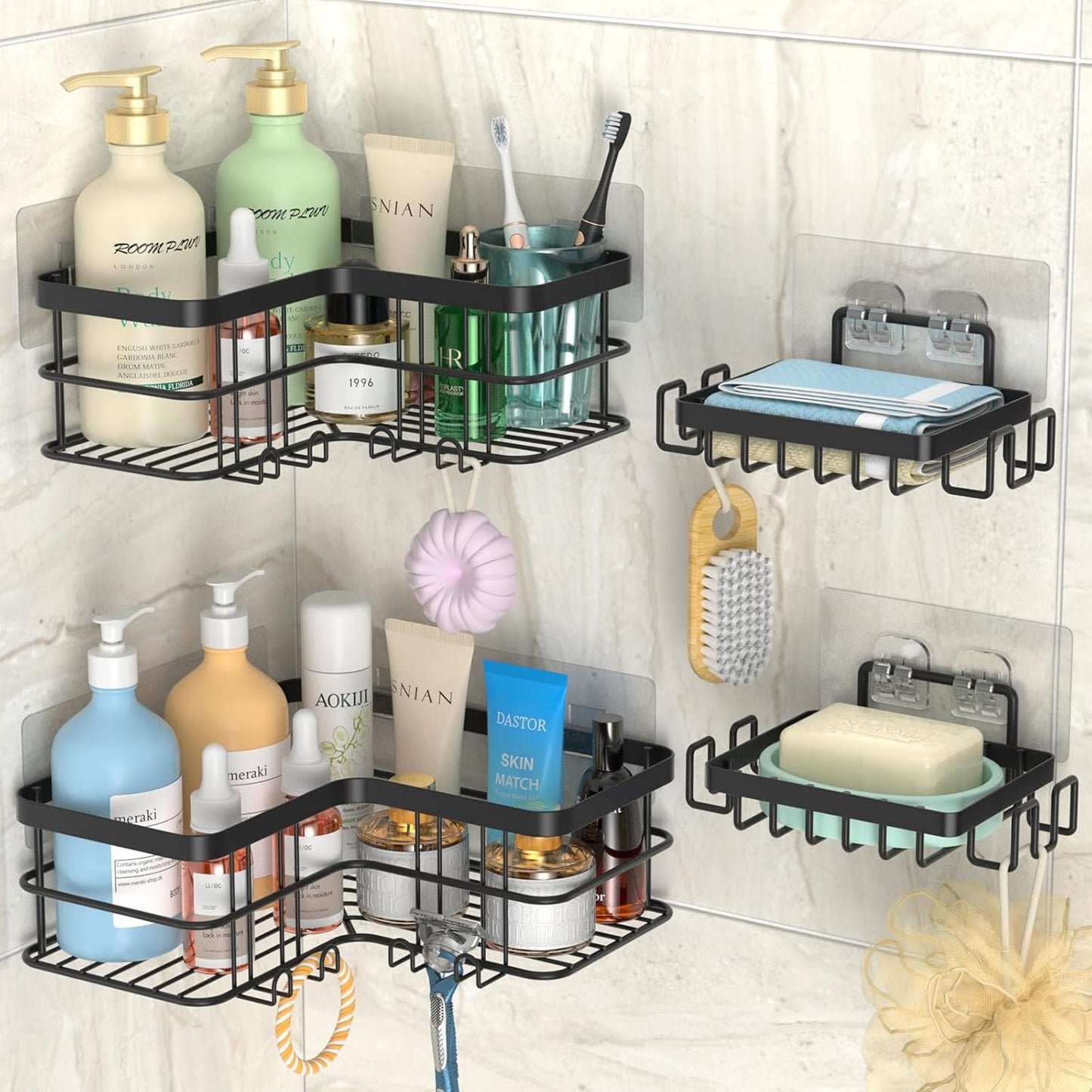 Yazoni Corner Shower Caddy, 4-Pack Adhesive Shower Shelves with Soap Holder No Drilling, Rustproof Bathroom Shower Organizer Storage, Black