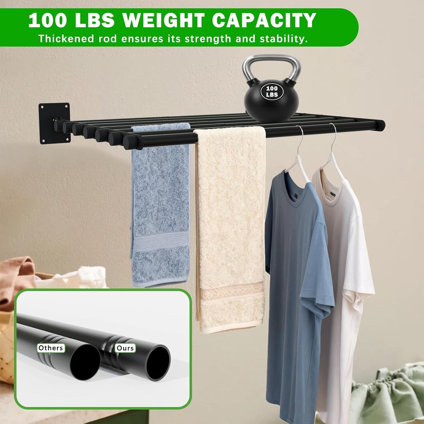Wall Mounted Drying Rack, 57 Inches Wall Laundry Drying Rack Collapsible Indoor Clothes Drying Rack for Hanging Clothes