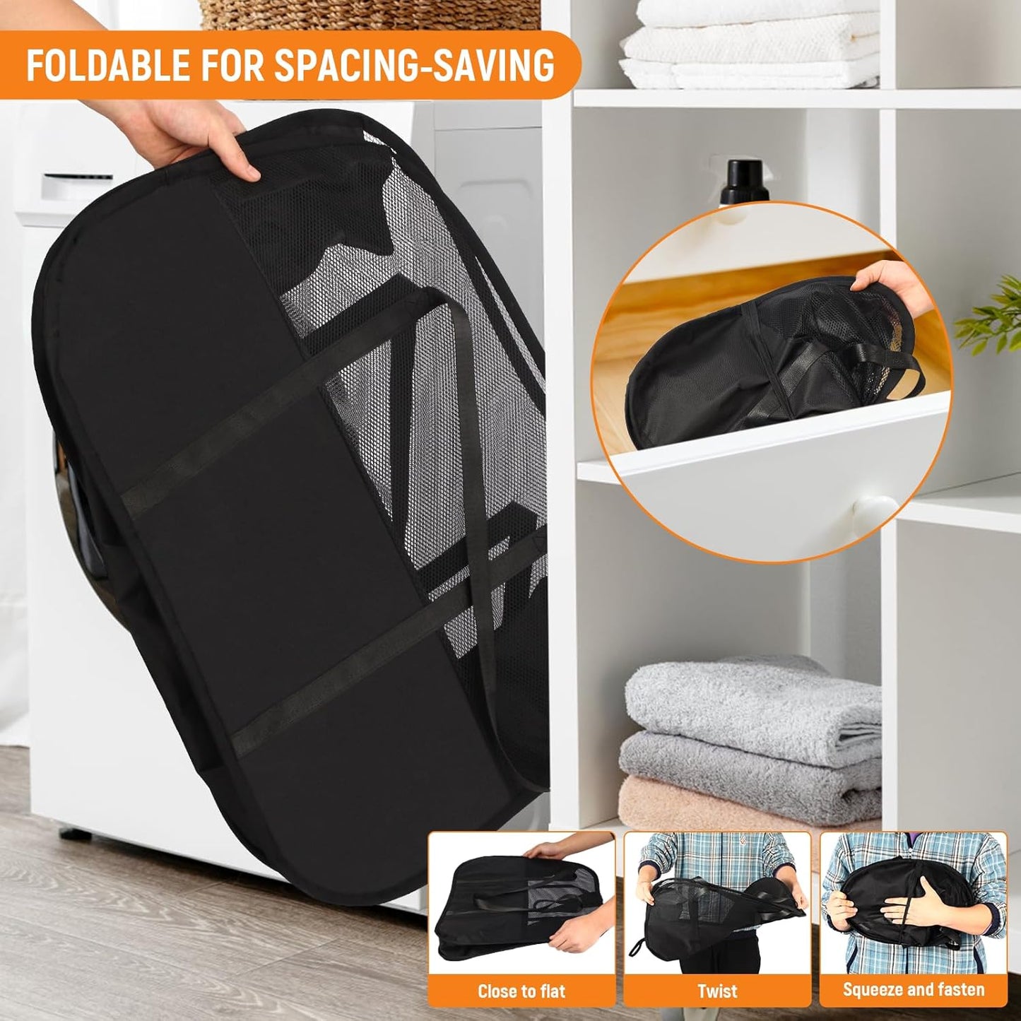 Collapsible Laundry Baskets with Easy Carry Handles, 95L Clothes Hamper for Storage, Foldable Laundry Basket Tear-proof, Large Pop Up Hampers for Laundry, Bedroom, Bathroom, Dorm Black