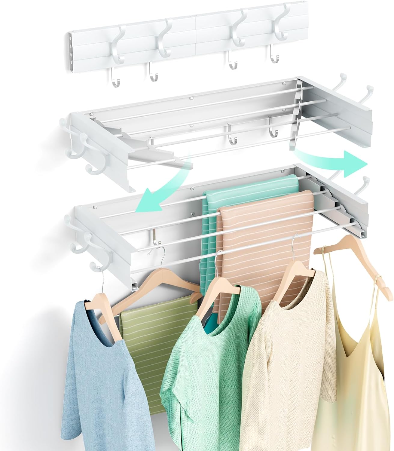 BAKON Wall Mounted Foldable Clothes Drying Rack - Indoor Outdoor Laundry Drying Rack with 4 Hooks & 4 Poles, Space Saving Concealed Design for Storage (23.6"【Upgrade】)