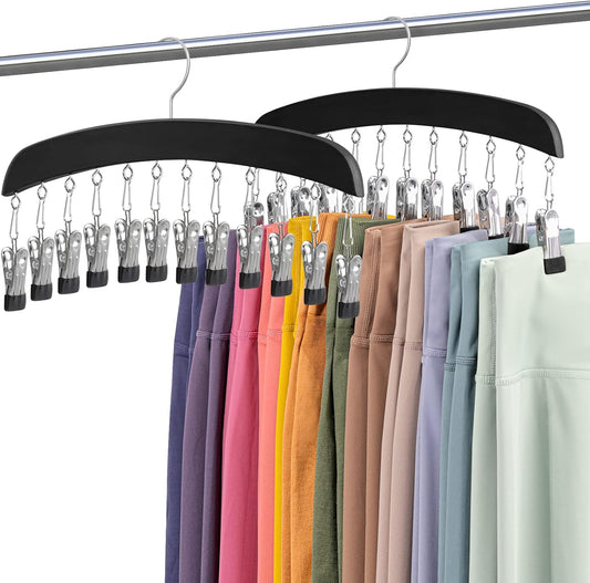 Leggings Hangers, Wooden Closet Hanging Leggings Storage Organizer Scarf Hangers with 24 Clips, 360° Swivel Hook, Black, 2 Pcs