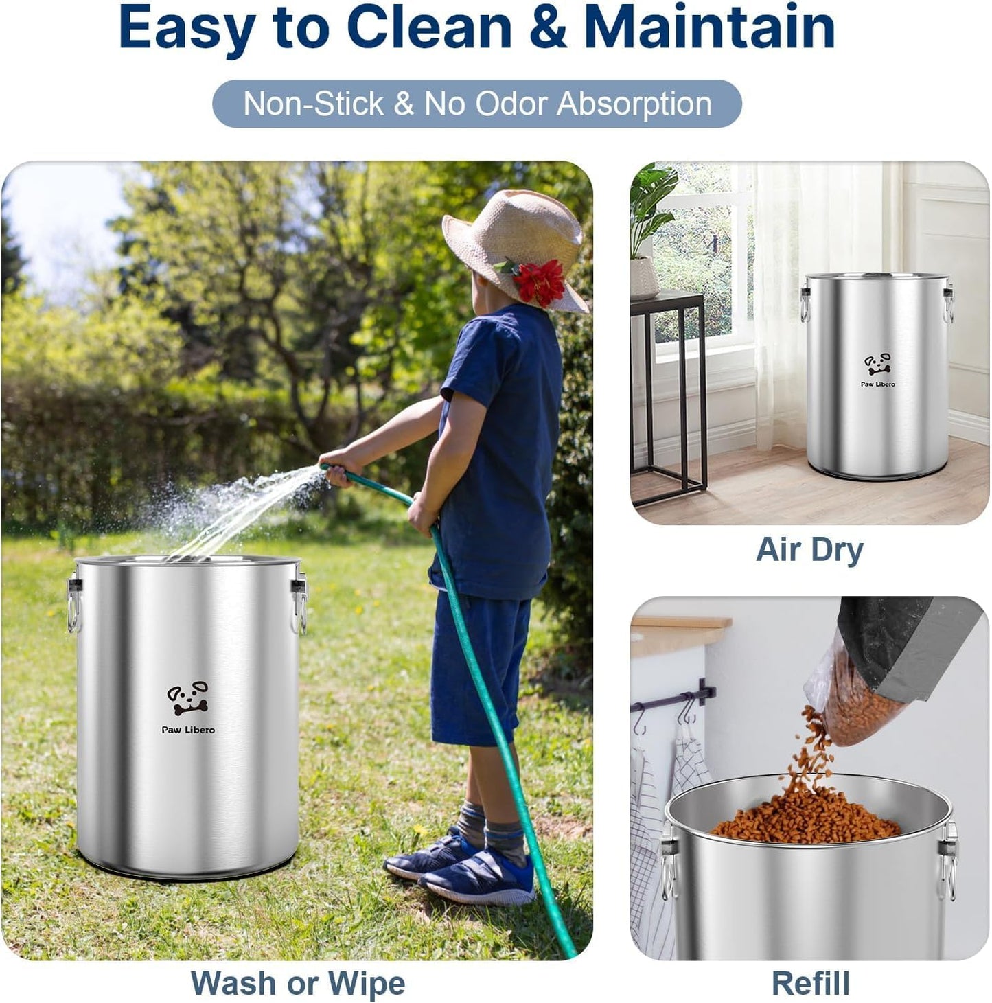 2PK 25 Lbs total 50 Lbs Stainless Steel Dog Food Storage Container with Airtight Wooden Lid & Ceramic Bone Handle, Large Metal Dog Food Bin for Dogs & Cats