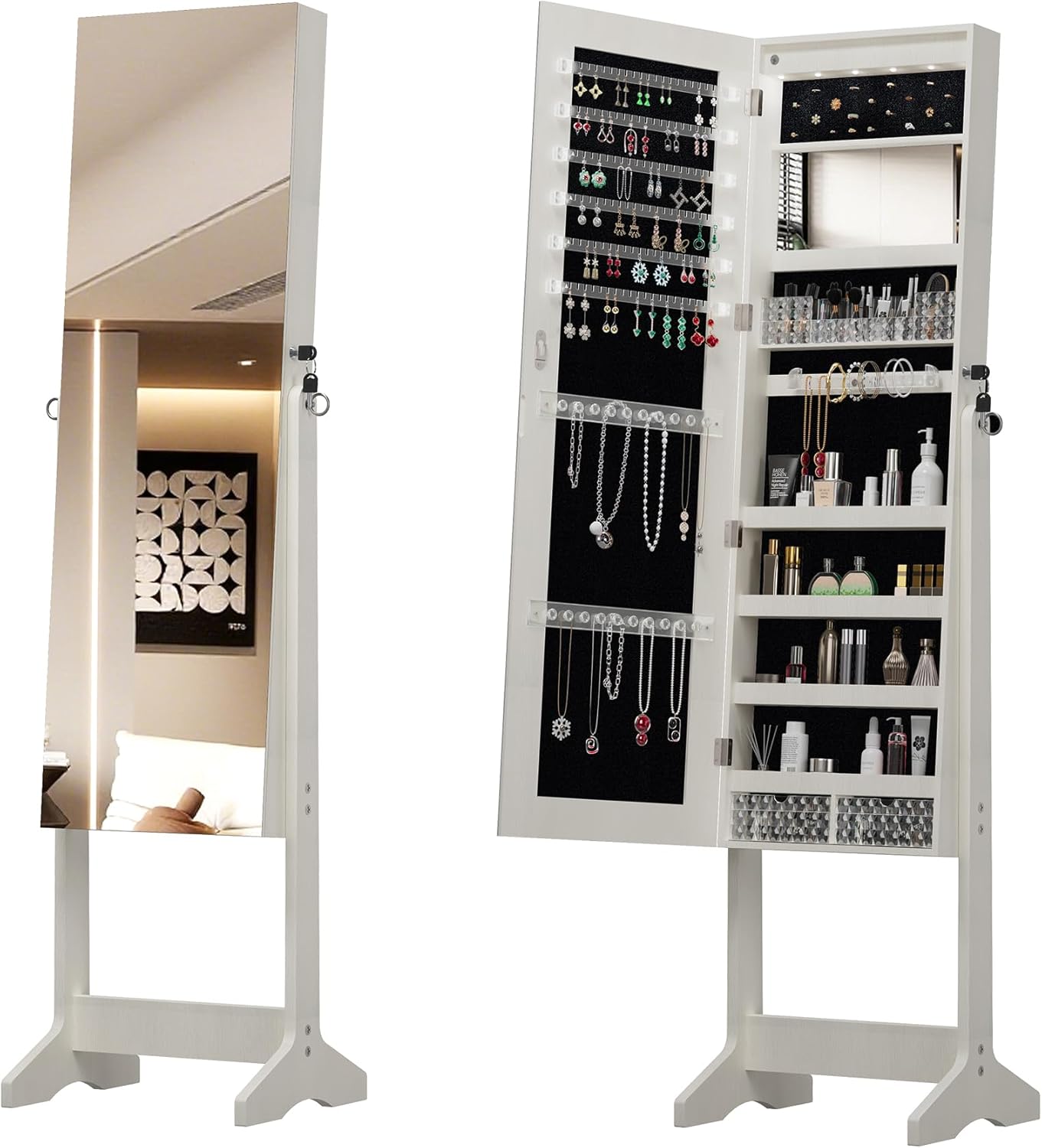Montary Jewelry Cabinet Armoire with Full Length Mirror with stand, Freestanding Jewelry Armoire Organizer, Lockable Storage Cabinet, Interior Lighted Mirror, White