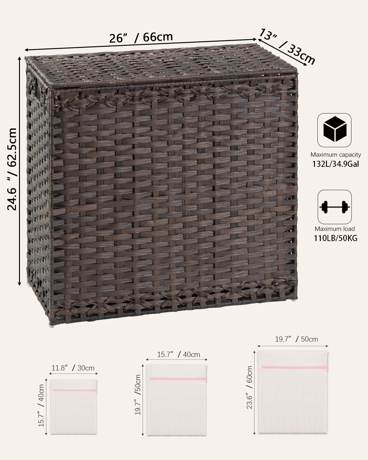 Laundry Hamper with Lid Laundry Basket 132 L (35 Gal) Wicker Clothes Hamper, Handwoven Rattan Hamper with Handles and 4 Removable Liner Bags, 6 Mesh Bags for Laundry Bedroom Brown