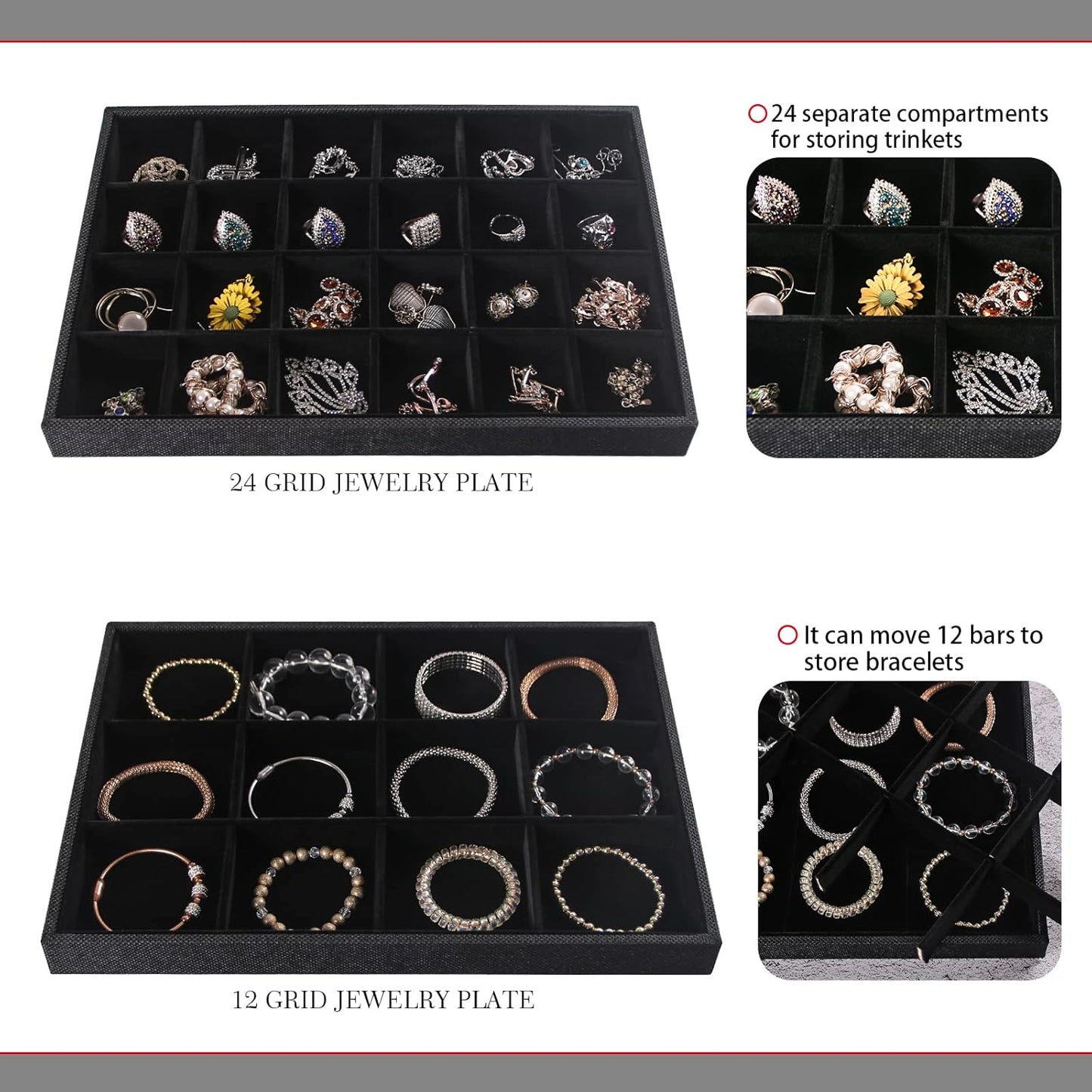 Julysky 4 Pcs/set Stackable Jewelry Organizer Trays for Drawer,100 Slots Ring Tray，Necklace Tray,12 Grid,24 Grid Jewelry Displays for Selling,Black