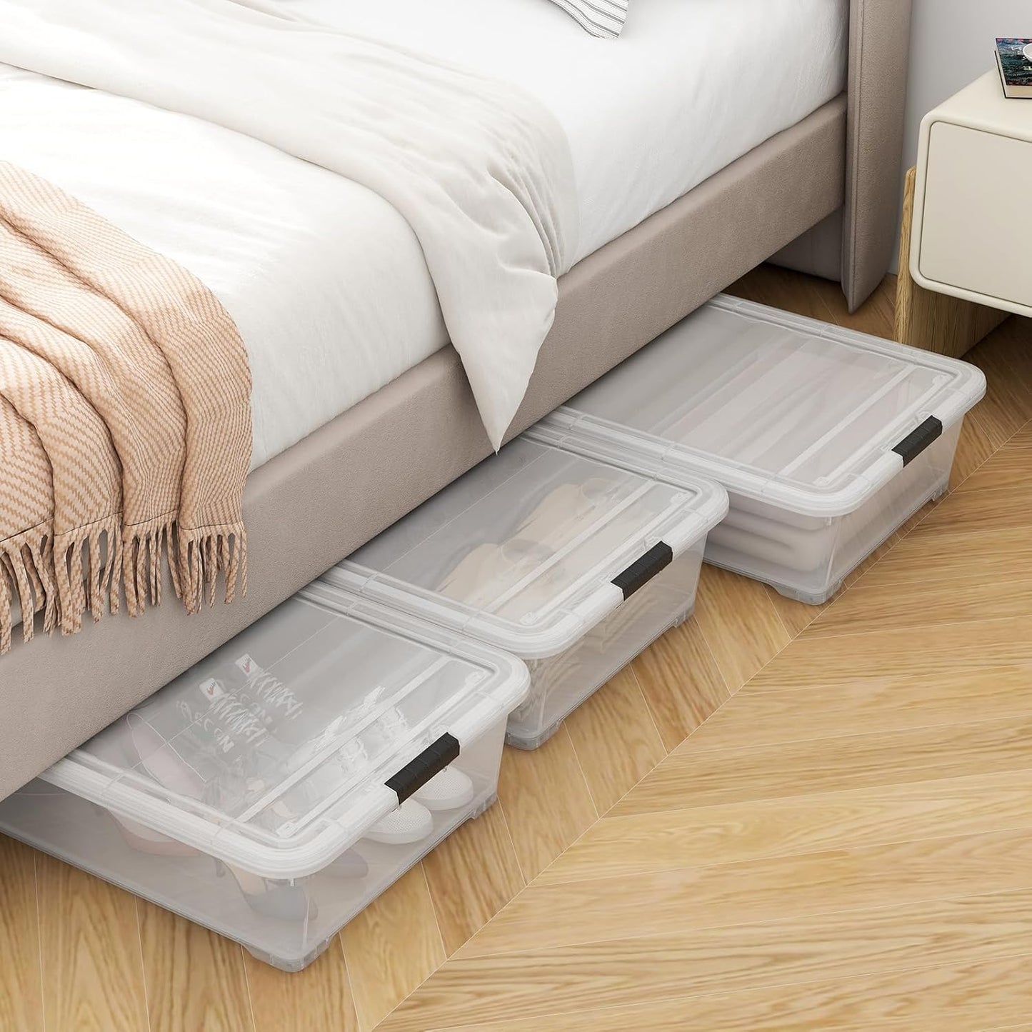 50 Quart Plastic Under Bed Storage Container, 4-Pack Large Clear Latching Storage Box with Wheels