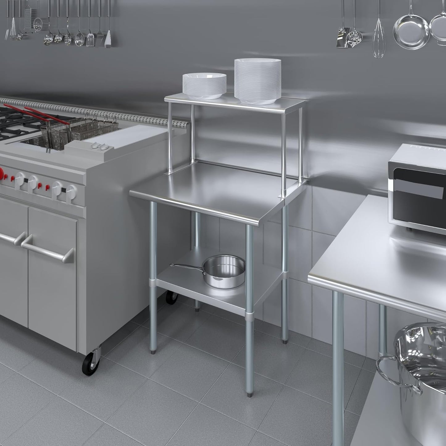 AmGood Stainless Steel Work Table with Wide Single Tier Overshelf | Metal Kitchen Prep Table & Shelving Combo (24"" x 30"" Work Table + 12"" Overshelf), AMGWT2430+SOS1230FM1