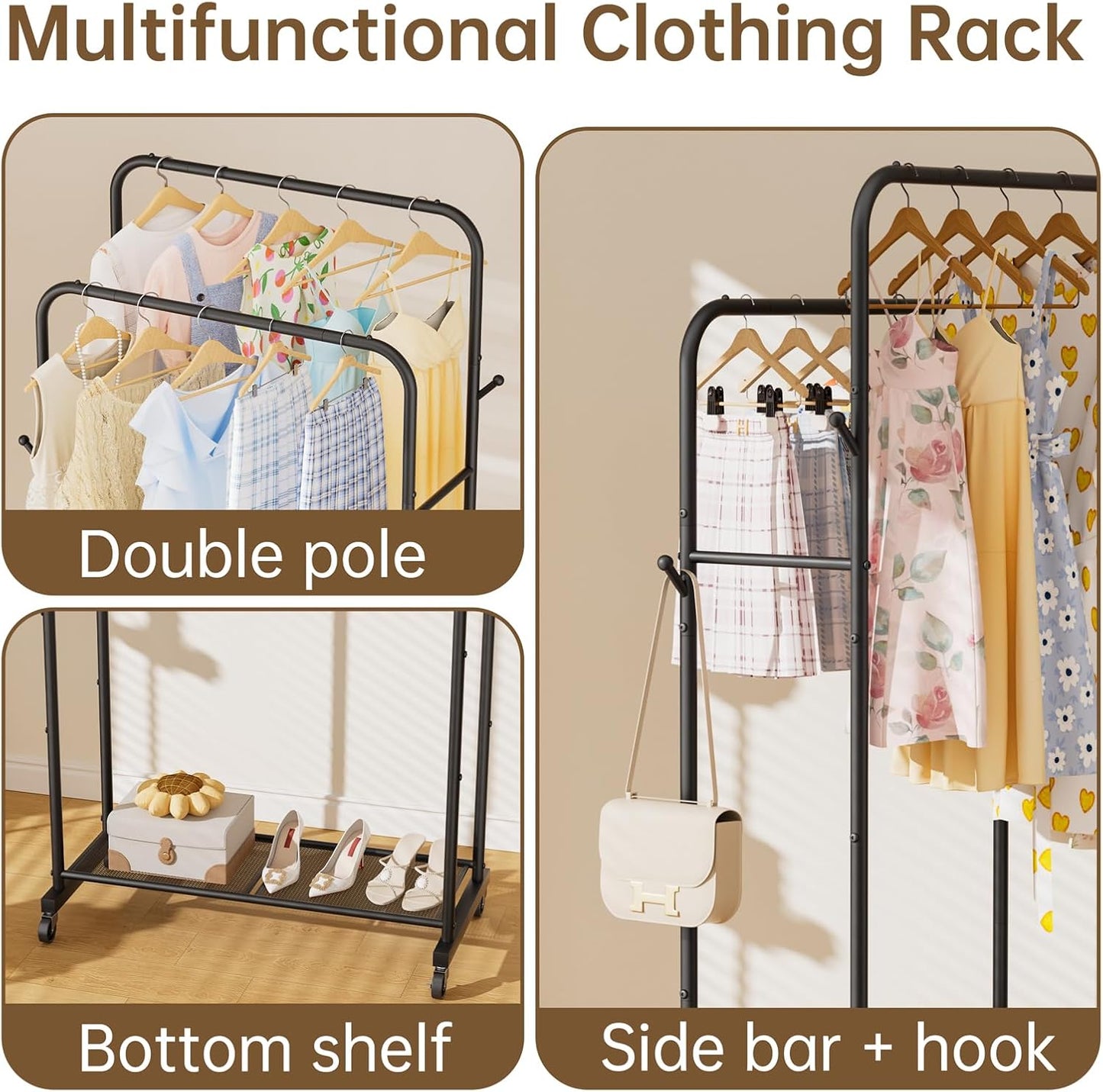 Clothes Garment Coat Rack Drying Clothing Racks Metal Freestanding for Hanging Clothes Portable Closet for Laundry Bedroom Black