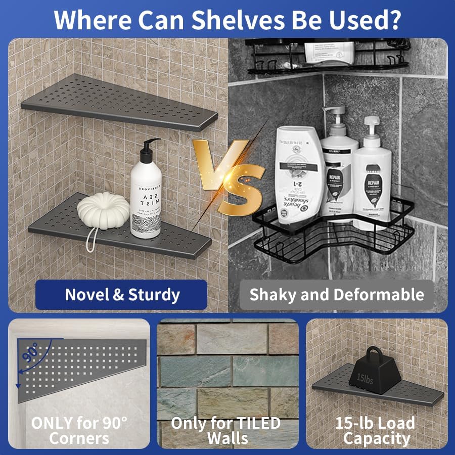 Corner Shower Shelf, 12" Trapezoid Grout in Shelf 304 Stainless Steel Grid Design Recessed Bathroom Shelf for Tiled Wall (Gunmetal, 12"-2 Pack)