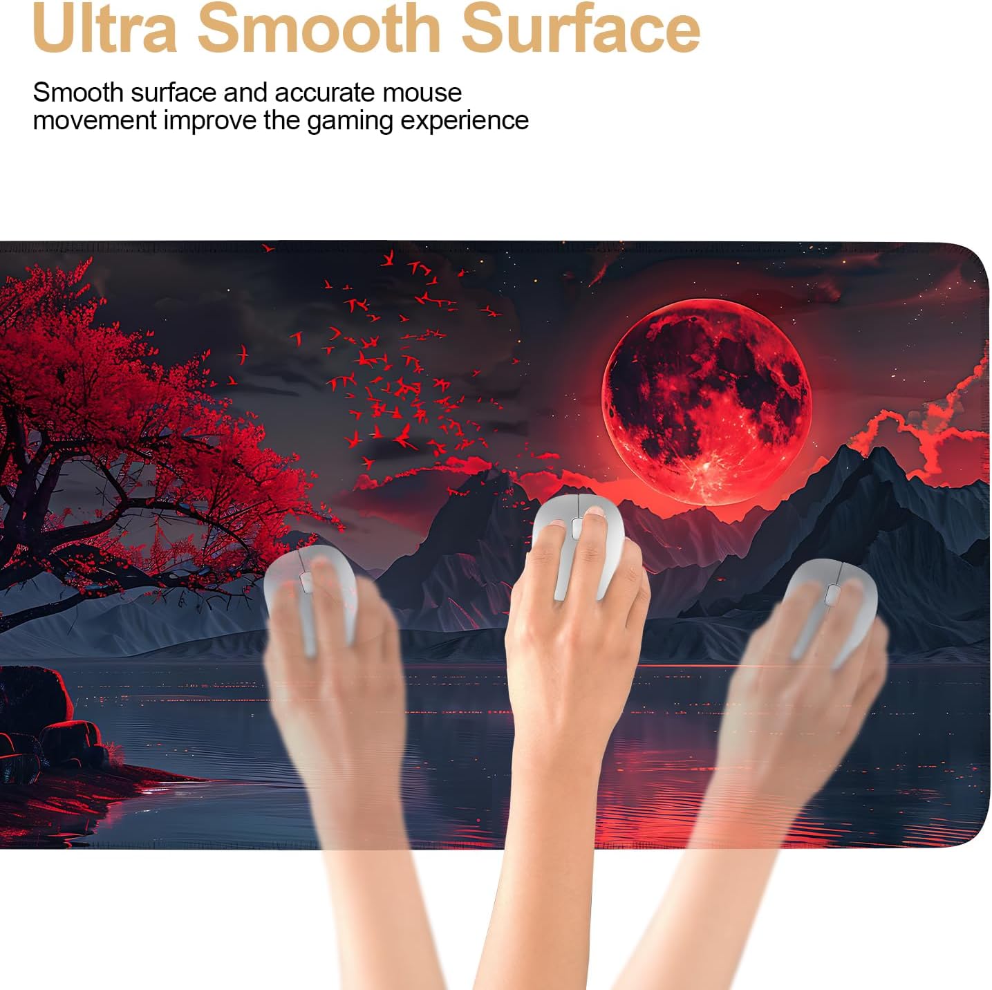 Large Mouse Pad, Red Moon Landscape Desk Mat, Extended Gaming Mouse Pad with Non-Slip Rubber Base, Thick 3mm Smooth Surface Keyboard Mat for Office & Home,35.5 x 15.8 in