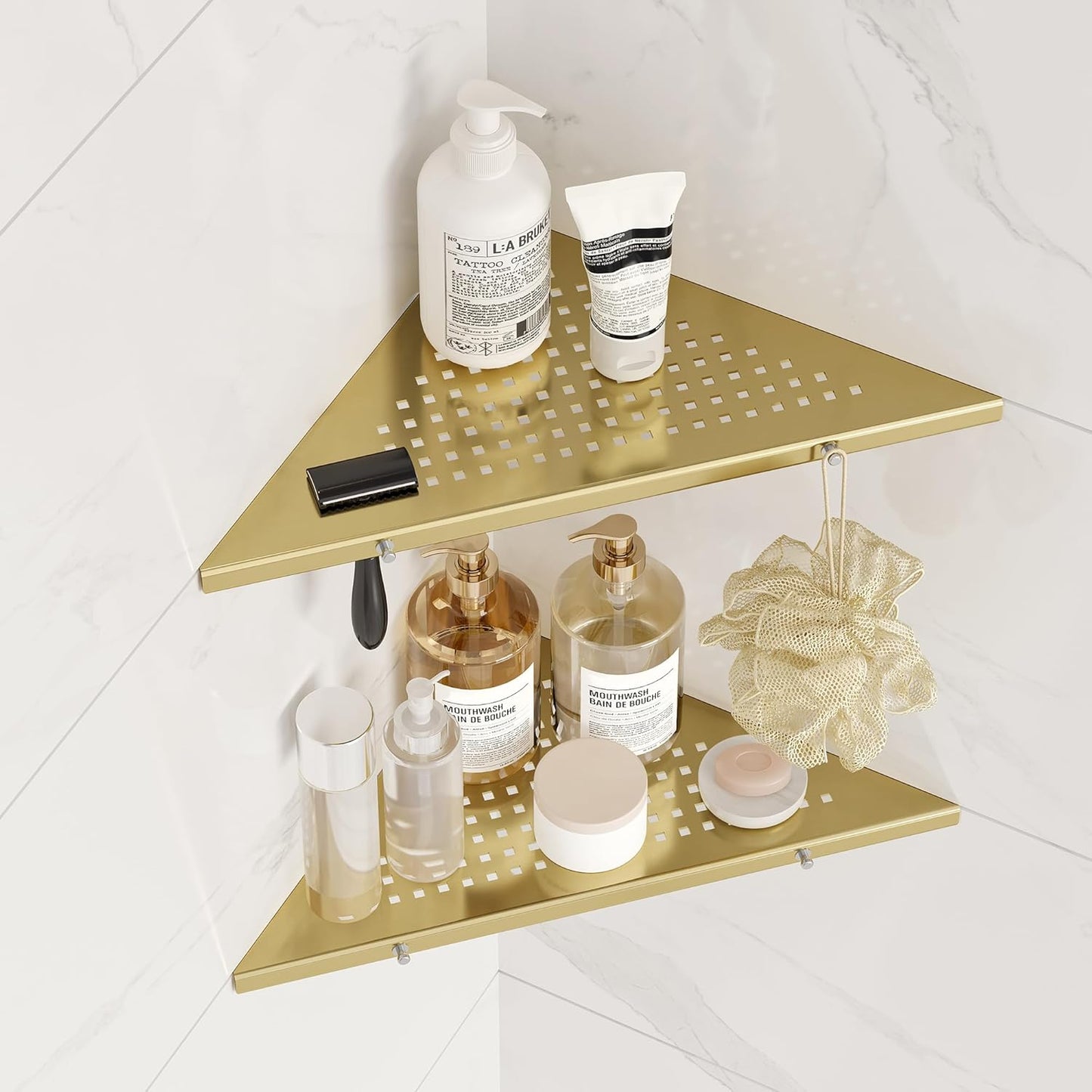 10" Bathroom Corner Shelf, 2 Pack Recessed Shower Shelf Caddy, SUS304 Stainless Steel Shelf Wall Mount Triangular, No Drilling Brushed Golden