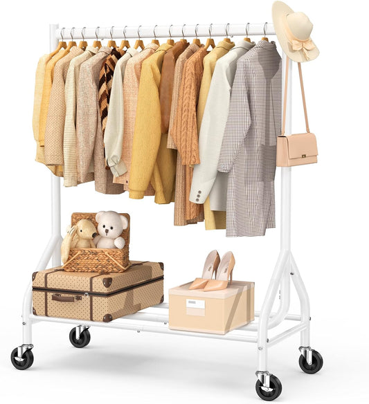 EAGMAK Heavy Duty Clothes Rack Load 420 LBS, Rolling Garment Rack with Lockable Wheels, Standing Metal Clothing Rack with Shelves, Portable Wardrobe Sturdy Coat Rack for Hanging Clothes (White