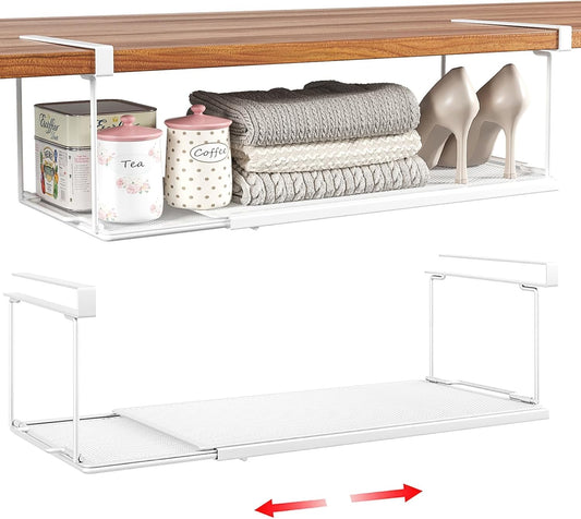 Expandable Under Cabinet Shelf, Extendable Under Shelf Storage with 0.94 Inches Thick Clips for Shoe Rack, Pantry Cabinet, Laundry Room. (White, 2 Pack, Interior: 6" H x 8.26" D)