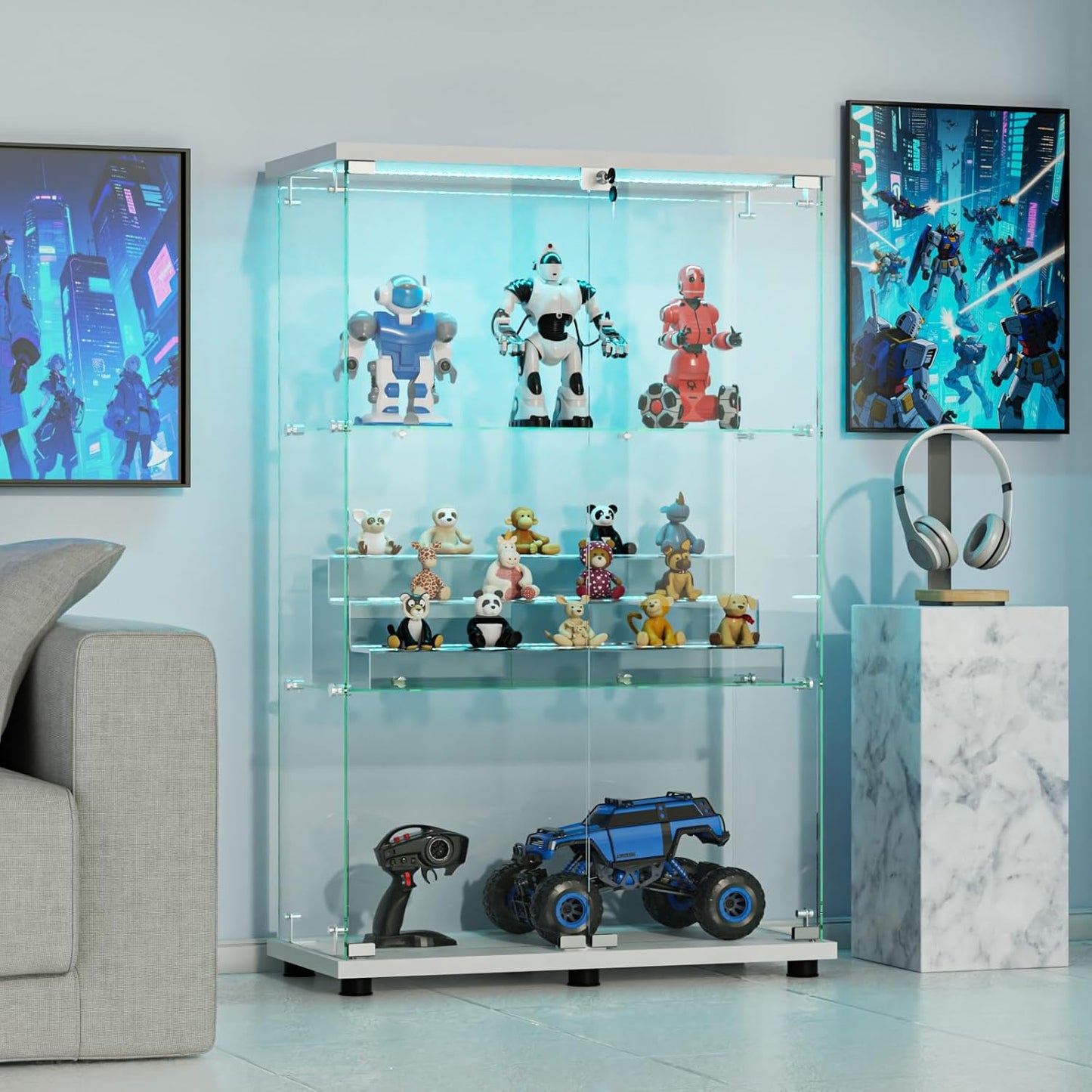 VINGLI Glass Display Cabinet with 3 Shelves, Double Doors and Lock, Floor Standing Curio Cabinets with LED Light, Upgraded Tempered Glass Bookshelf, for Living Room Living Room Bedroom Office, White