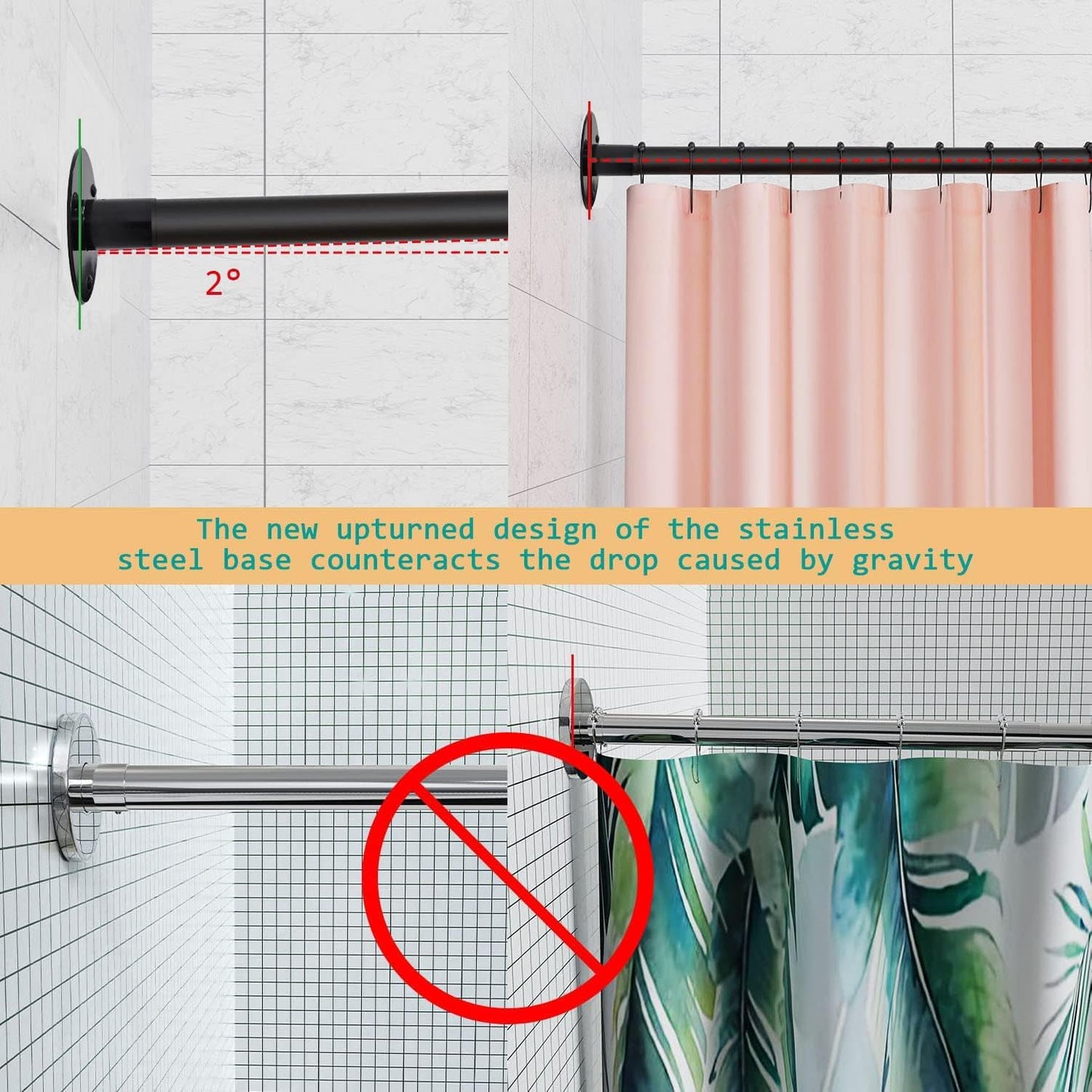 L-Shaped Corner Shower Curtain Rod, 「Black 24"-53" x 24"-53"」 Adjustable, Unsagging, Drill-free Install,304 Stainless steel 90°Curved Rod, Max Size 24"-37" x 55.1 "-69" with 12 Hooks
