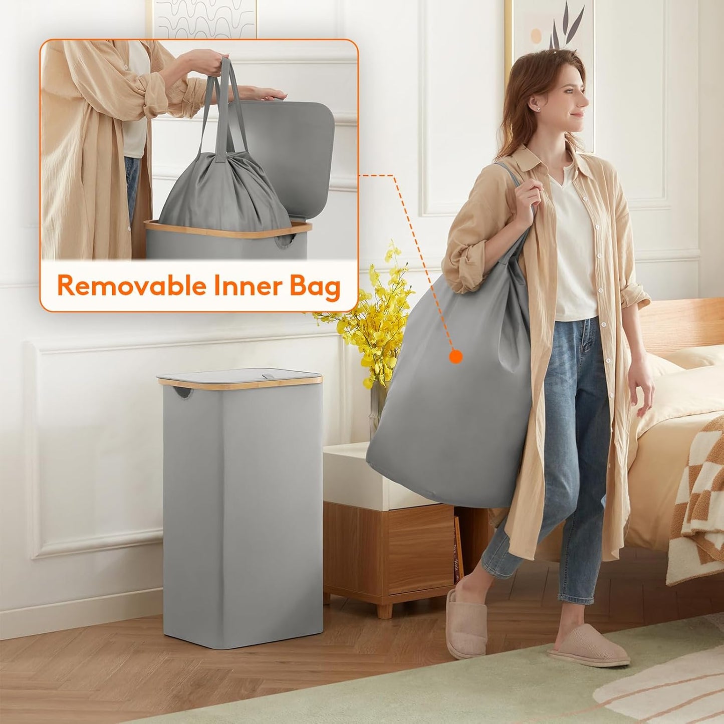 Lifewit 100L Laundry Basket with Lid, Clothes Hampers for Laundry with Bamboo Handles and A Removable Laundry Bag, Large Foldable Hamper for Bedroom, Bathroom, Dorm, Laundry Room, Silver Grey