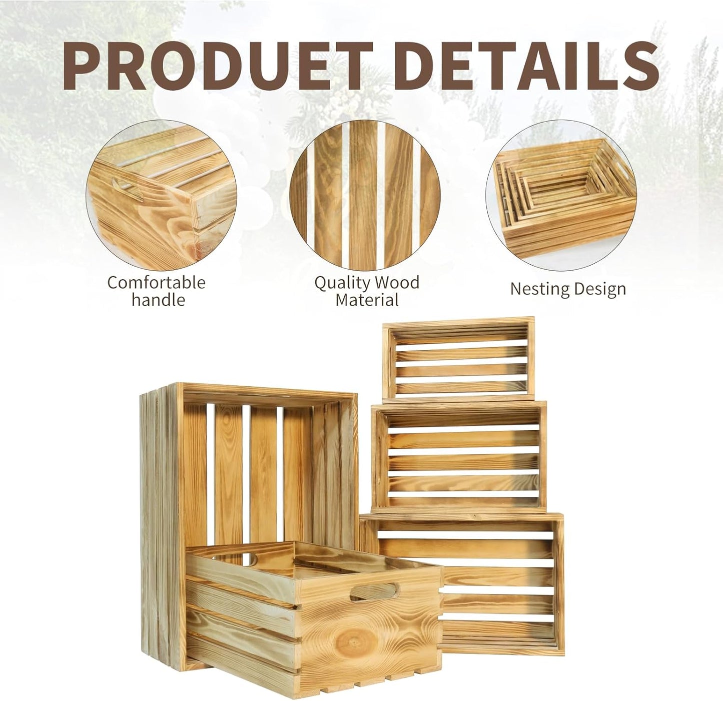 5 Pcs Decorative Wood Crates for Display, 5 Size Large Farmhouse Wooden Basket for Storage Container and Decorations, Rustic Nesting Crates Decor Boxes with Handle