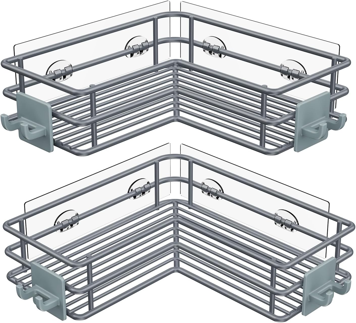Nieifi Adhesive Corner Shower Caddy Shelf Basket Rack with Hooks, Rust Proof Stainless Steel Bathroom Shelf Shampoo Holder No Drilling (Gray)