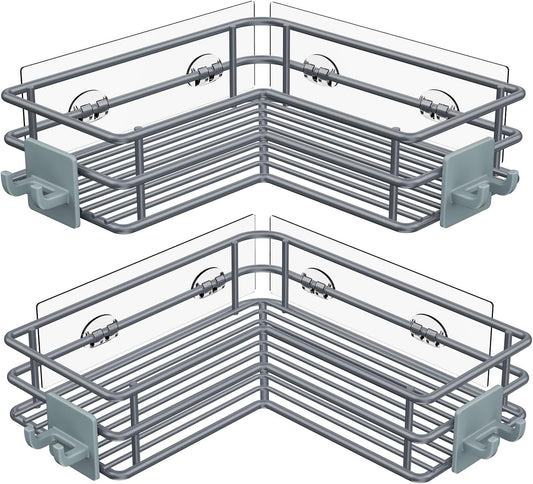 Nieifi Adhesive Corner Shower Caddy Shelf Basket Rack with Hooks, Rust Proof Stainless Steel Bathroom Shelf Shampoo Holder No Drilling (Gray)
